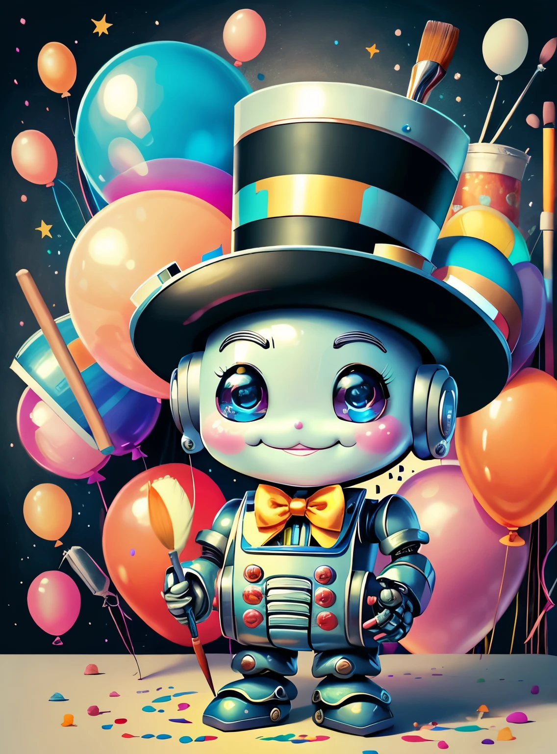 (cute baby robot smiling with top hat, paintbrush, ballons) Munchkin,Geometric multidimensional wall portrait, livro de arte, Tchibi,
Yang08k, Beautiful, Colouring,
Obras, of the highest quality, best quality, Arte Oficial, Beautiful and Aesthetic,