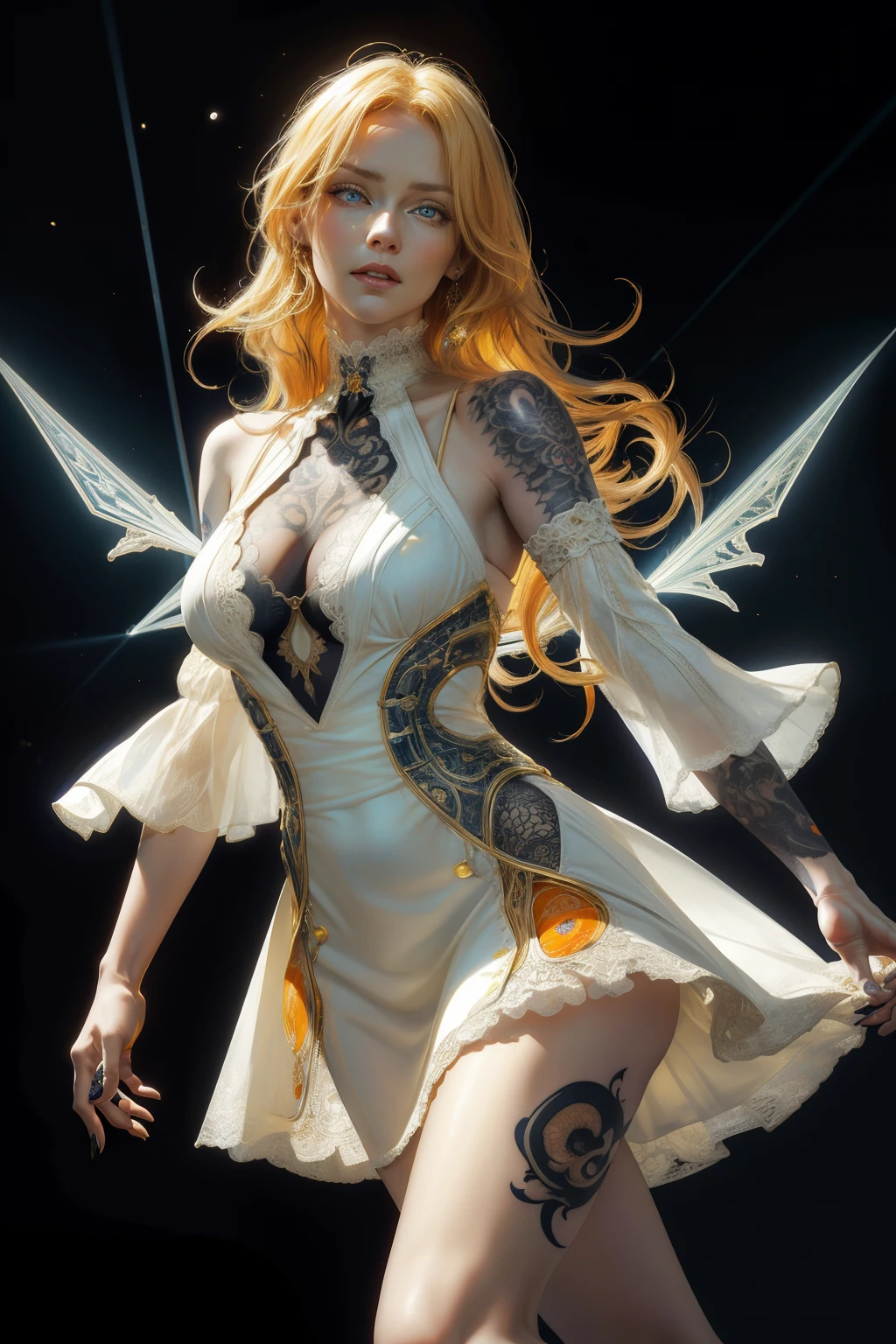 a realistic British woman, in her 29s, with a tattoo on her left leg, eye irises of the same color, very detailed eyes, orange eyes, with blonde hair, long hair, wearing a white and yellow dress that reaches her foot, fractal background, in the background there are electric rays, dark background, studio lighting, Fractal Art
