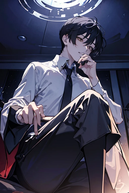 1 Boy, solo, dark hair, (white shirt), black slacks, on sheets, Long Sleeve Shirts, kneeling, seiza, cool, (sexy:1.3), Fascinating, evil smile,(parted lips),collarbone, (shoot from below), (from below:2), sunset,(open collar), tsurime, Yellow eyes, (background: on bed in bedroom), high quality, high resolution, masterpiece,