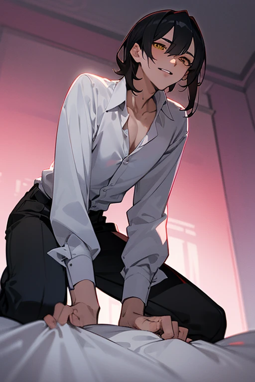 1 Boy, solo, dark hair, (white shirt), black slacks, on sheets, Long Sleeve Shirts, kneeling, seiza, cool, (sexy:1.3), Fascinating, evil smile,(parted lips),collarbone, (shoot from below), (from below:2), sunset,(open collar), tsurime, Yellow eyes, (background: on bed in bedroom), high quality, high resolution, masterpiece,
