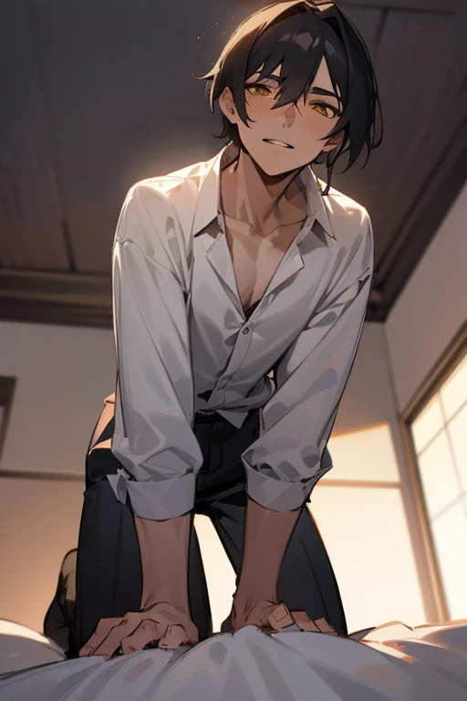 1 Boy, solo, dark hair, (white shirt), black slacks, on sheets, Long Sleeve Shirts, kneeling, seiza, cool, (sexy:1.3), Fascinating, evil smile,(parted lips),collarbone, (shoot from below), (from below:2), sunset,(open collar), tsurime, Yellow eyes, (background: on bed in bedroom), high quality, high resolution, masterpiece,