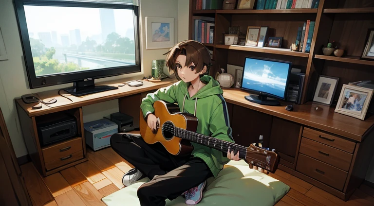 In traces of 90s anime; Play a skinny  boy with big brown hair and brown eyes wearing a hoodie with green and black horizontal stripes and black pants and athletic sneakers; scenery he is holding a 6 string guitar wearing headphones sitting on a bed the scenery has to be wooden i.e. a wooden house objects in the setting besides the bed a computer with monitor keyboard and mouse placed on the floor, a tube TV on top of a shelf a PlayStation 1 and a super Nintendo on the same shelf with a series of games for both placed on a shelf.