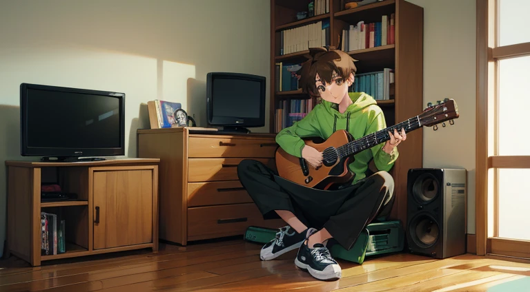 In traces of 90s anime; Play a skinny 16 year old boy with big brown hair and brown eyes wearing a hoodie with green and black horizontal stripes and black pants and athletic sneakers; scenery he is holding a 6 string guitar wearing headphones sitting on a bed the scenery has to be wooden i.e. a wooden house objects in the setting besides the bed a computer with monitor keyboard and mouse placed on the floor, a tube TV on top of a shelf a PlayStation 1 and a super Nintendo on the same shelf with a series of games for both placed on a shelf.