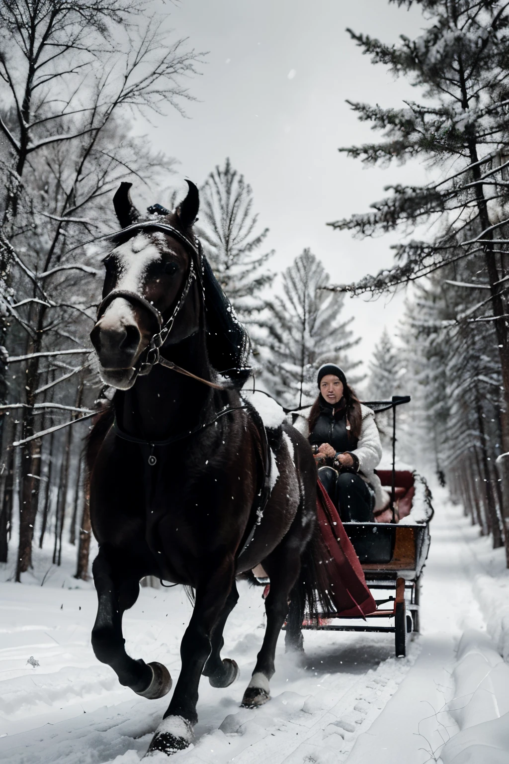 horses pulling a sleigh through a snowy forest with a dog, a black and white photo by Gusztáv Kelety, shutterstock contest winner, fine art, galloping through the forest, andrey gordeev, award - winning photo. ”, alexi zaitsev, black-and-white photography, black - and - white photography, ukraine. photography