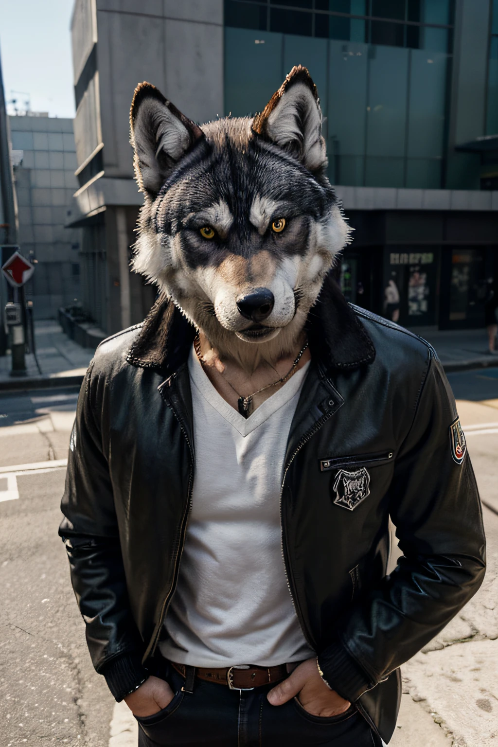 Wolf mask, GTA v, arte da capa, Estilo realista, symmetric highly detailed eyes, trending on ArtStation,RHADS, "husky siberiano" ou "lobo". GTA v. camisa branca, jaqueta preta, Homem, macho, menino
