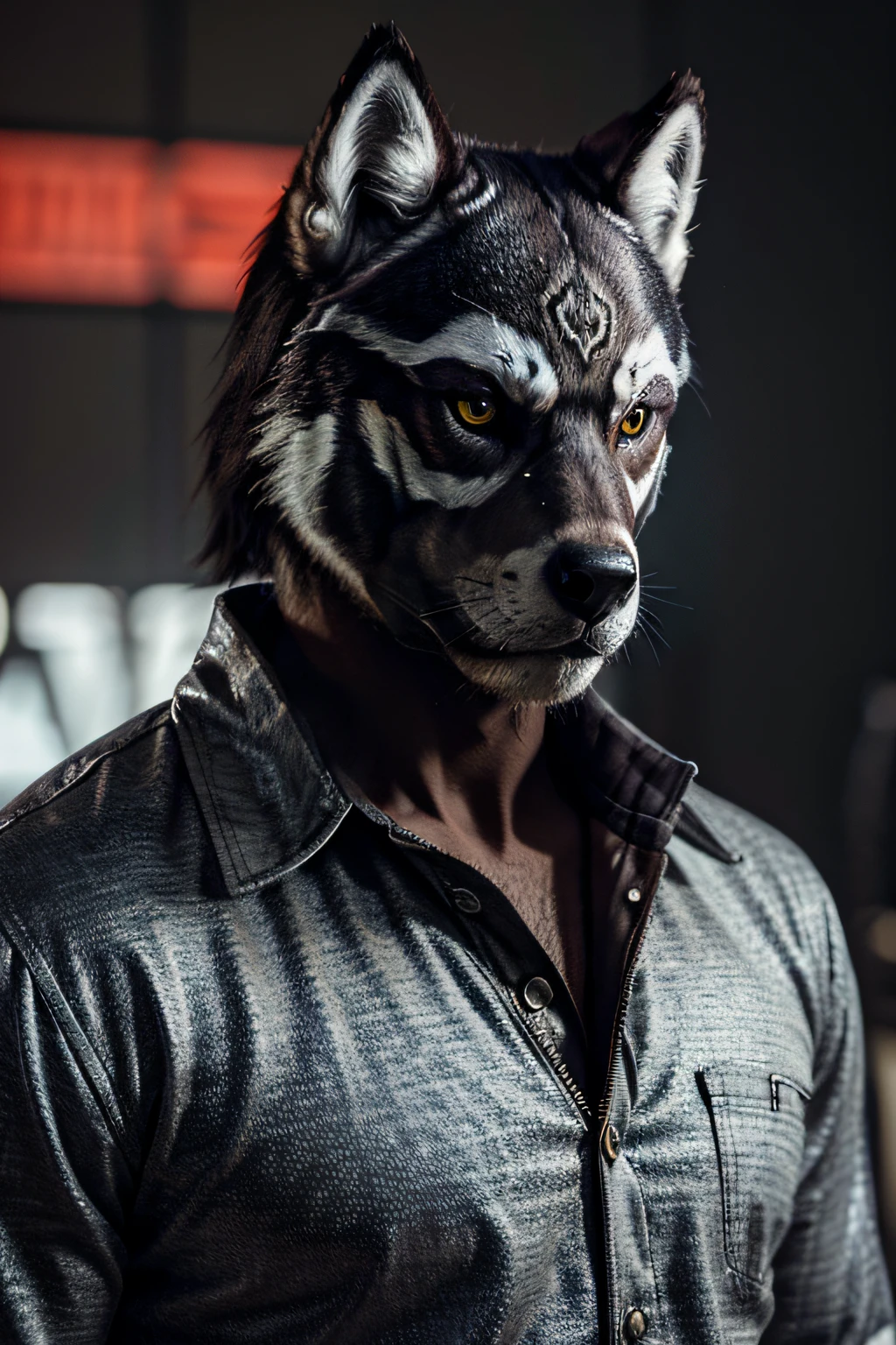 Wolf mask, GTA v, arte da capa, Estilo realista, symmetric highly detailed eyes, trending on ArtStation,RHADS, "husky siberiano" ou "lobo". GTA v. camisa branca, jaqueta preta, Homem, macho, menino