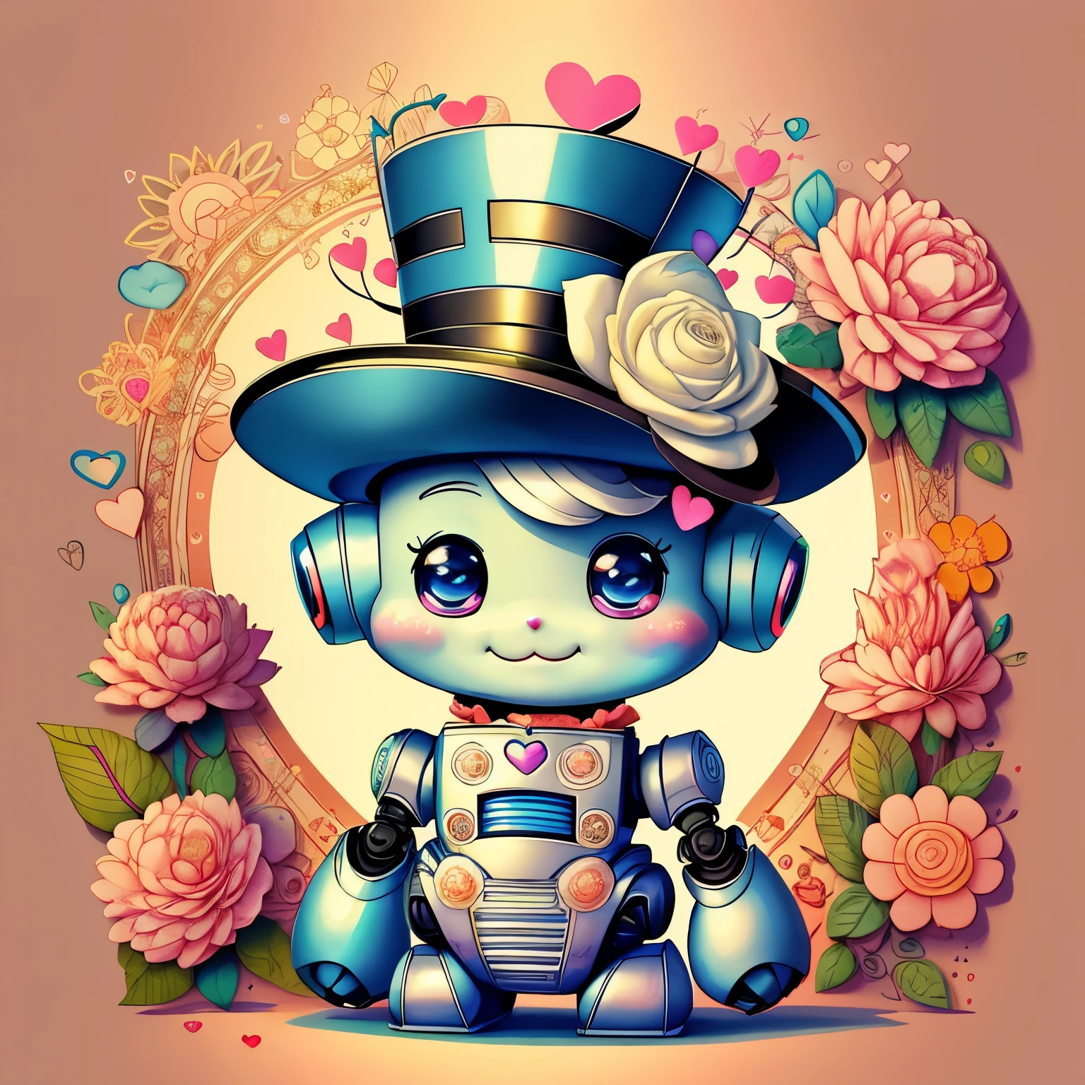 (cute baby robot smiling with top hat, hearts, flowers) Munchkin ,Geometric multidimensional wall portrait, livro de arte, Tchibi,
Yang08k, Beautiful, Colouring,
Obras, of the highest quality, best quality, Arte Oficial, Beautiful and Aesthetic,