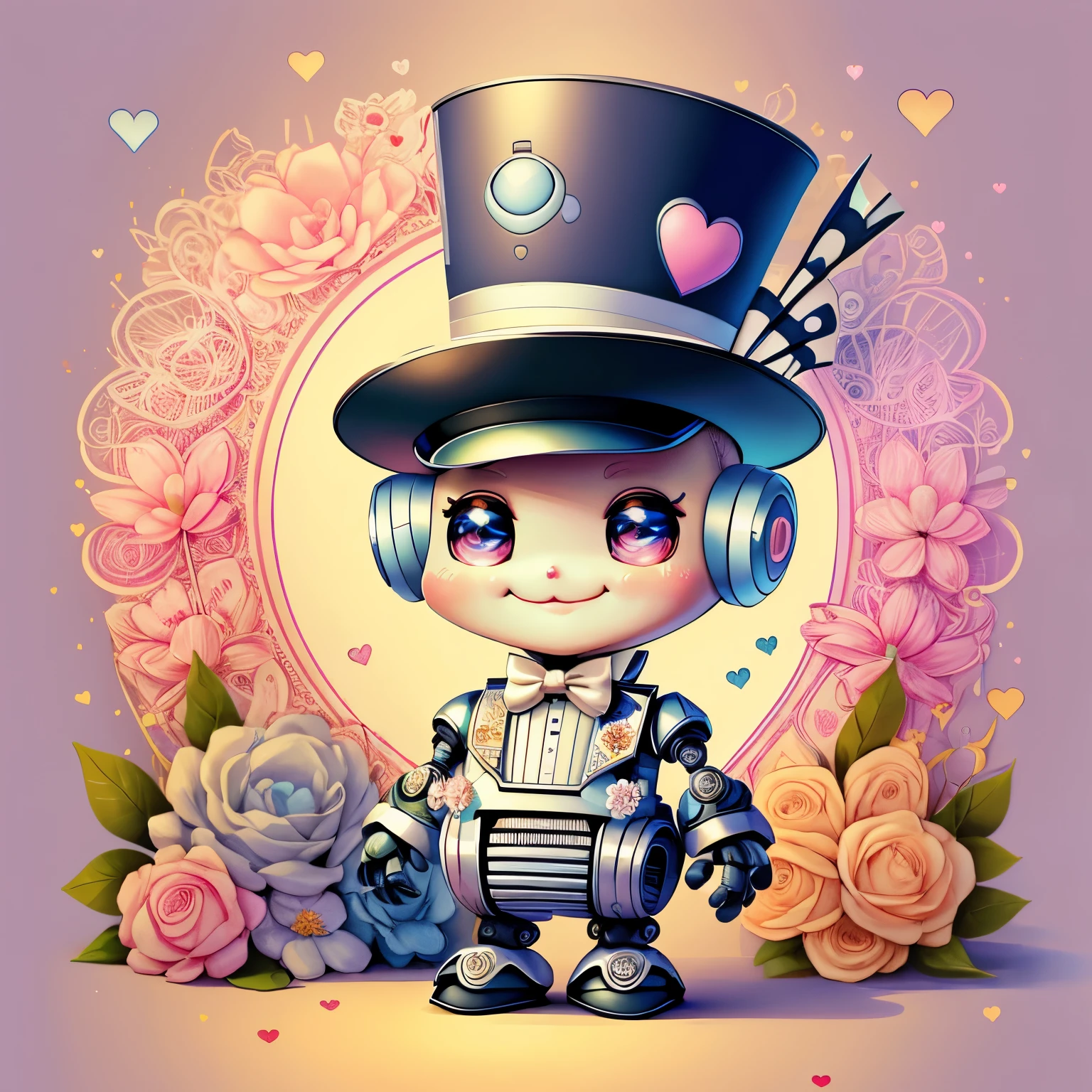 (cute robot smiling with top hat, hearts, flowers) Munchkin ,Geometric multidimensional wall portrait, livro de arte, Tchibi,
Yang08k, Beautiful, Colouring,
Obras, of the highest quality, best quality, Arte Oficial, Beautiful and Aesthetic,