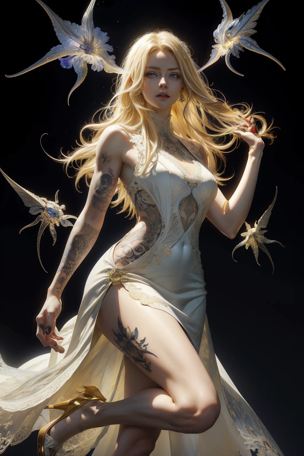 a realistic British woman, in her 29s, with a tattoo on her left leg, eye irises of the same color, very detailed eyes, with blonde hair, long hair, wearing a white and yellow dress that goes to the foot, fractal background, in the background there are electric rays, dark background, studio lighting, Fractal Art
