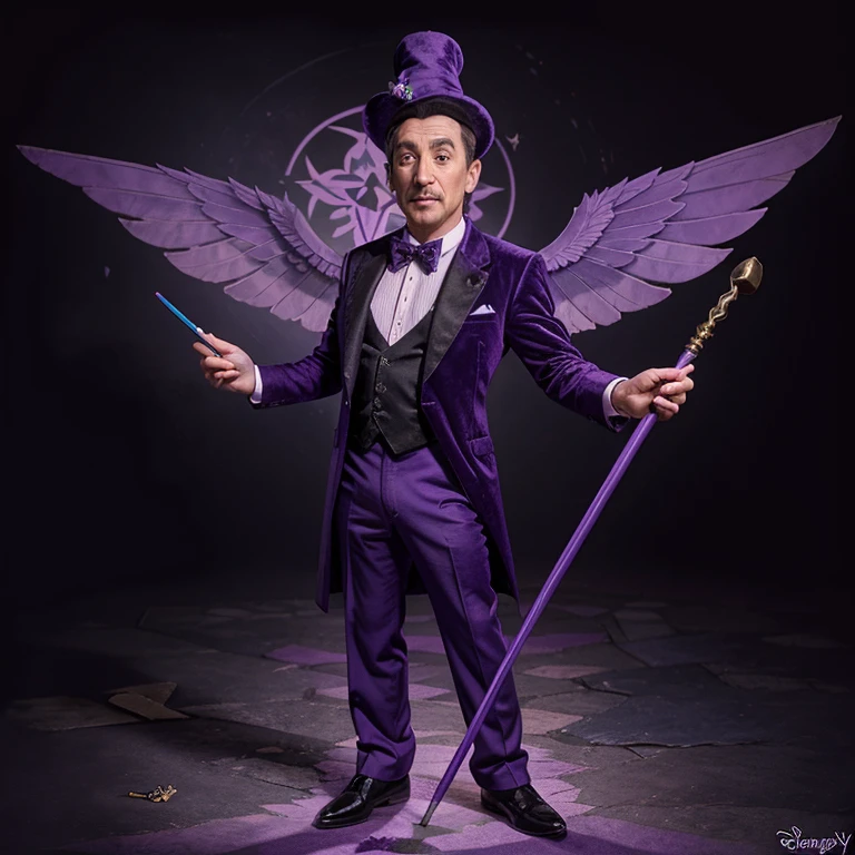 Cartoon style Walt Disney as a genie, wearing a purple velvet suit with black flowers on it, with a staff that has a purple pencil as the stone, and black angel wings, with a purple wizard hat