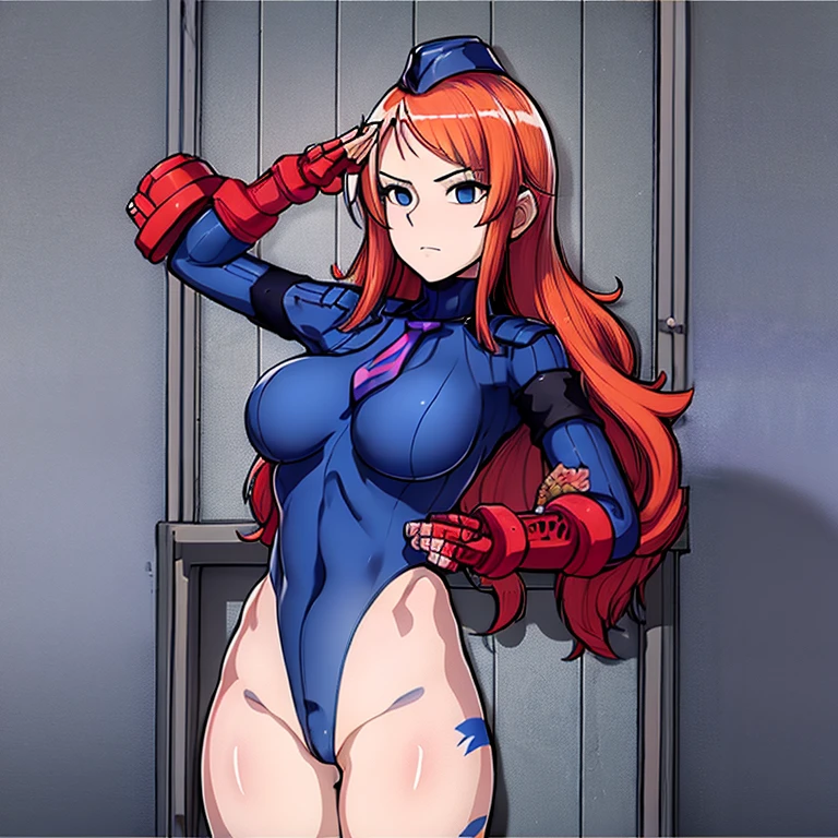 1girl in, saluting, black doll suit, red hairs, blue eyess, masterpiece, top-quality, face perfect, 美丽的面容, beautidful eyes, ((Perfect female body, narrow waists))
