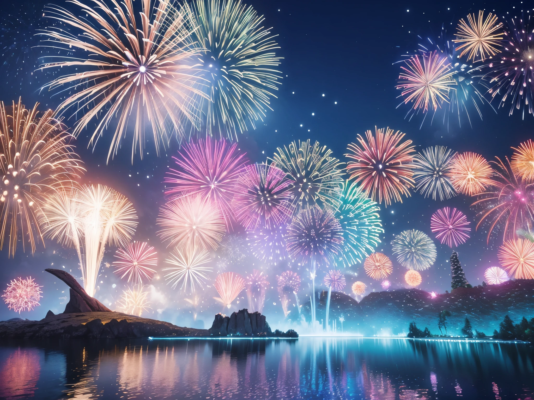 Create a panorama of fractal landscapes unfolding with each burst of 3D fireworks, symbolizing the endless possibilities that await in the upcoming year.