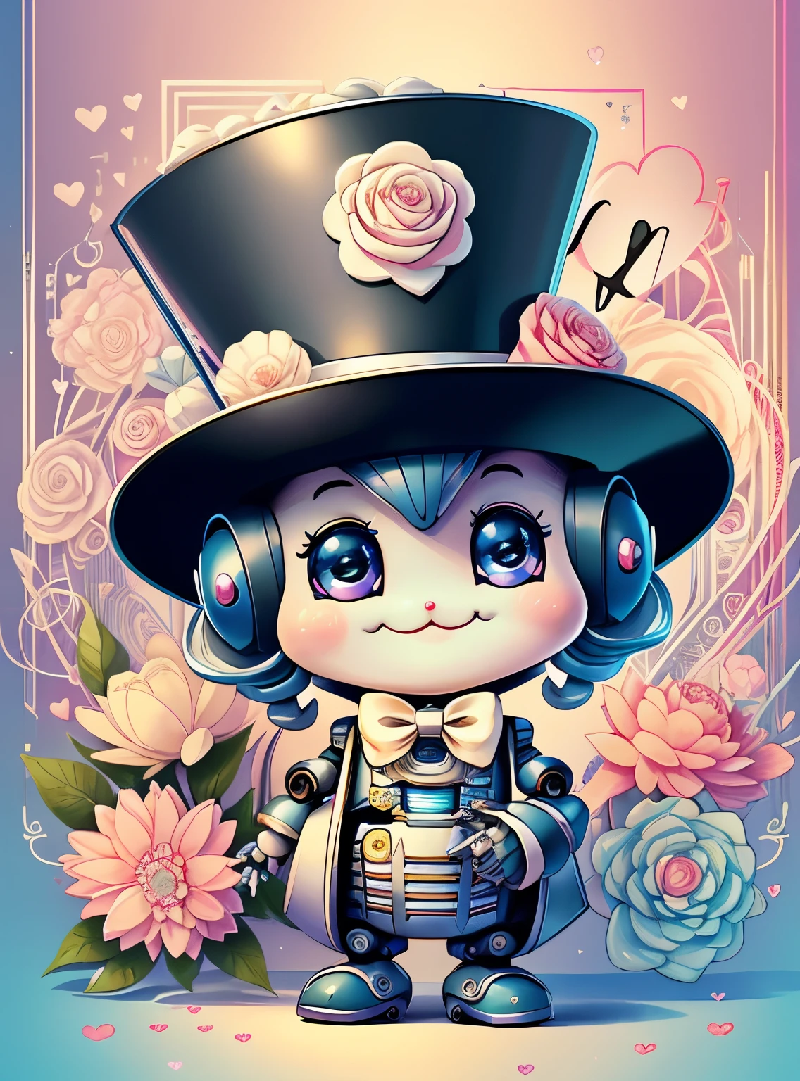 (cute baby robot smiling with top hat, hearts, flowers) Munchkin ,Geometric multidimensional wall portrait, livro de arte, Tchibi,
Yang08k, Beautiful, Colouring,
Obras, of the highest quality, best quality, Arte Oficial, Beautiful and Aesthetic,