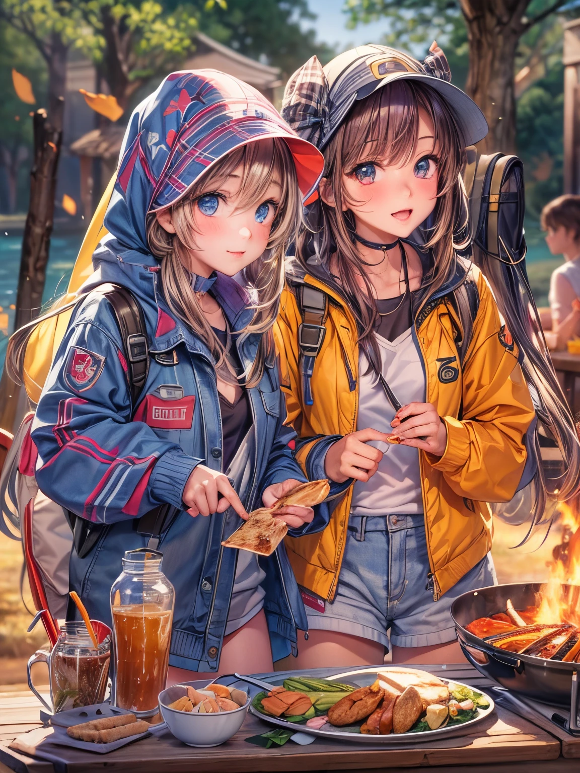 (masterpiece), (Best Quality), ((Super detailed beautiful face and eyes)), Vivid Color, Anime Style, 2 Young Woman, Dynamic Angle, Having a barbecue at the campsite, jaket, Loose trousers, Tent, chii, Sun, Warm light,