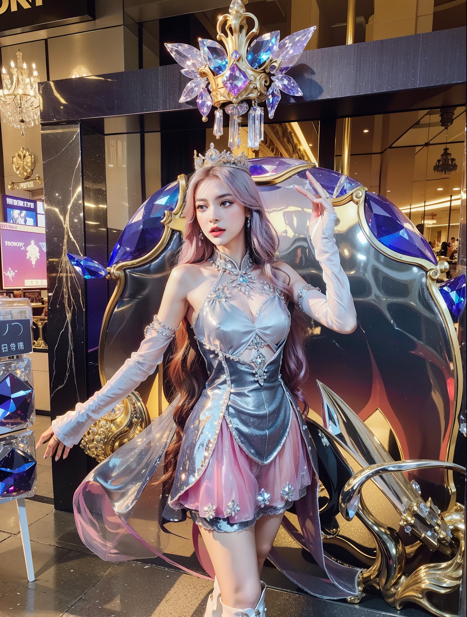 Imperial sister,A detailed eye,Detailed facial expressions,Ripe body,Tall figure,the number,legs long,4K,k hd,fleshy feeling,White translucent lace,Fair and plump figure,Nice face,Cherry small mouth,beautiful and delicious(3D royal sister),Exquisite dresses,Wear crystal gem high heels,Silver cuirass,Gorgeous crystal gemstone dress,Gems and Jewelry,Bejeweled Crown,
