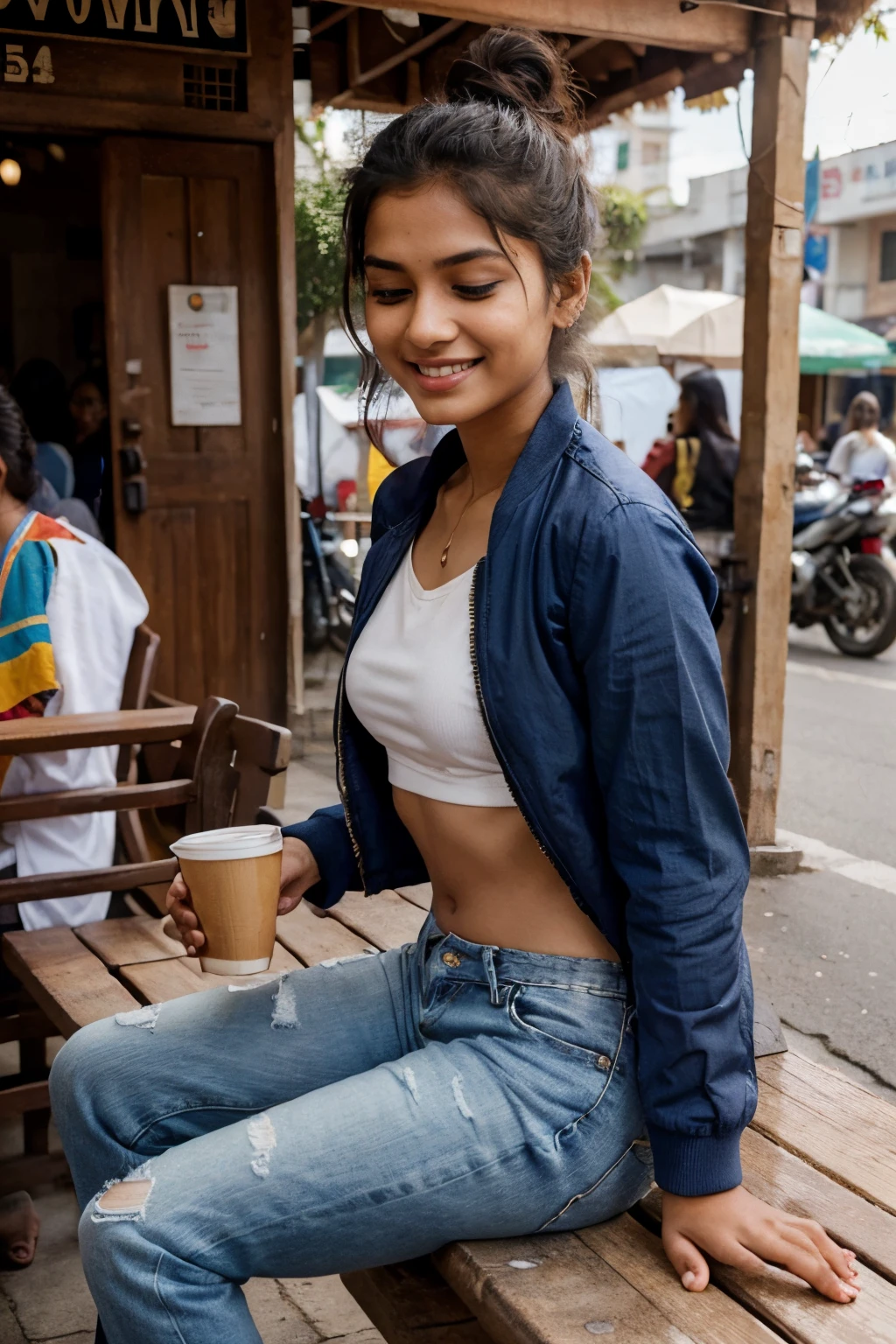 1 cute very happy young indian girl sitting on a wooden bench drinking hot chai from a paper cup, cute laugh, candid photo, height 160 centimetres, petite build, fair skin, average hair length of 60 centimetres, photorealistic, detailed eyes, highly detailed, 8k, blue bomber jacket over white crop top, blue jeans, messy bun hair, photo taken from the side, indian market background