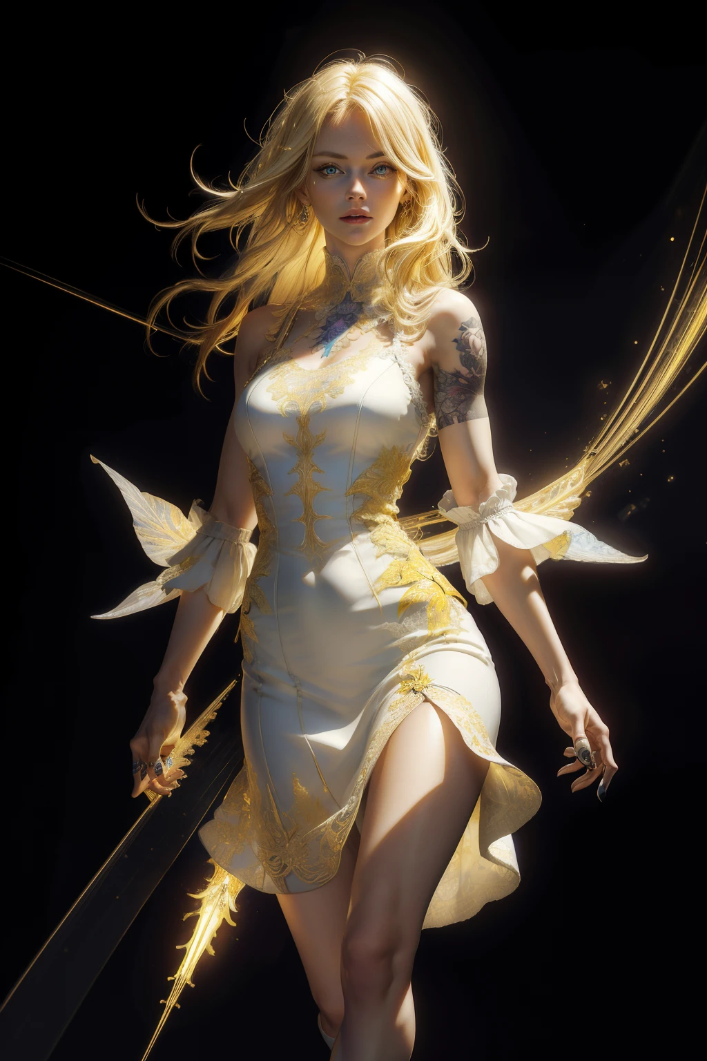 a realistic British woman, in her 29s, with a tattoo on her left leg, eye irises of the same color, very detailed eyes, with blonde hair, long hair, wearing a white and yellow dress that goes to the foot, fractal background, in the background there are electric rays, dark background, studio lighting, Fractal Art