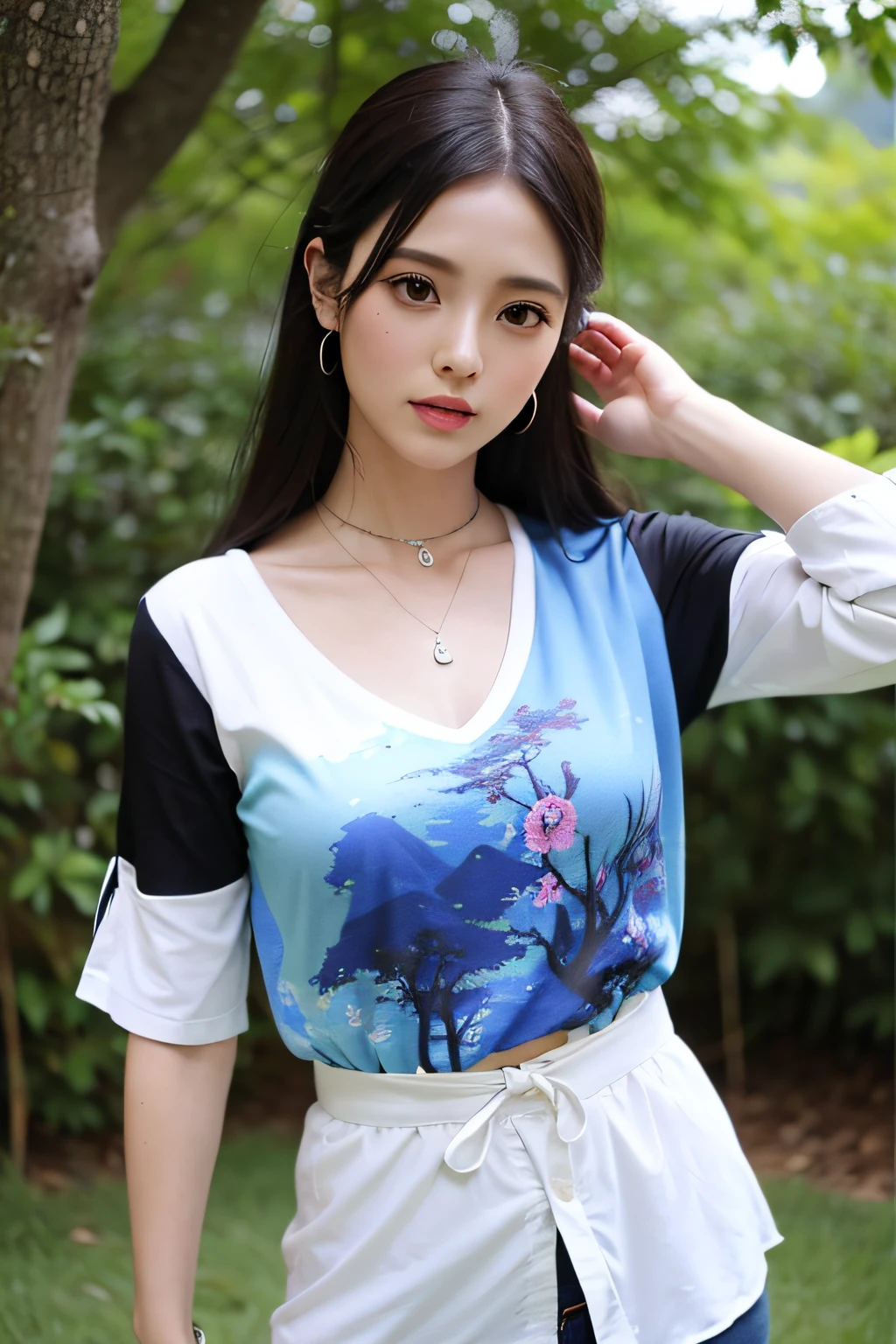 Estilo MJ3D,..3Dmm,..3D,(Obra maestra, La mejor calidad:1.1), Estilo Ghibli, San (Mononoke Hime), 1girl, brazal, flequillo, cabello negro, Camiseta interior negra, senos, cabo, Anillo, Pendientes, Pintura facial, cabello flotante, bosque, capa de piel, ojos verdes, jewely, Mirando al espectador, senos medianos, Naturaleza, collar, al aire libre, flequillo partido, camisa, pelo corto, sin mangas, Camisa sin mangas, solamente, collar de dientes, tree, Parte superior del cuerpo, Camisa blanca en ropa interior roja