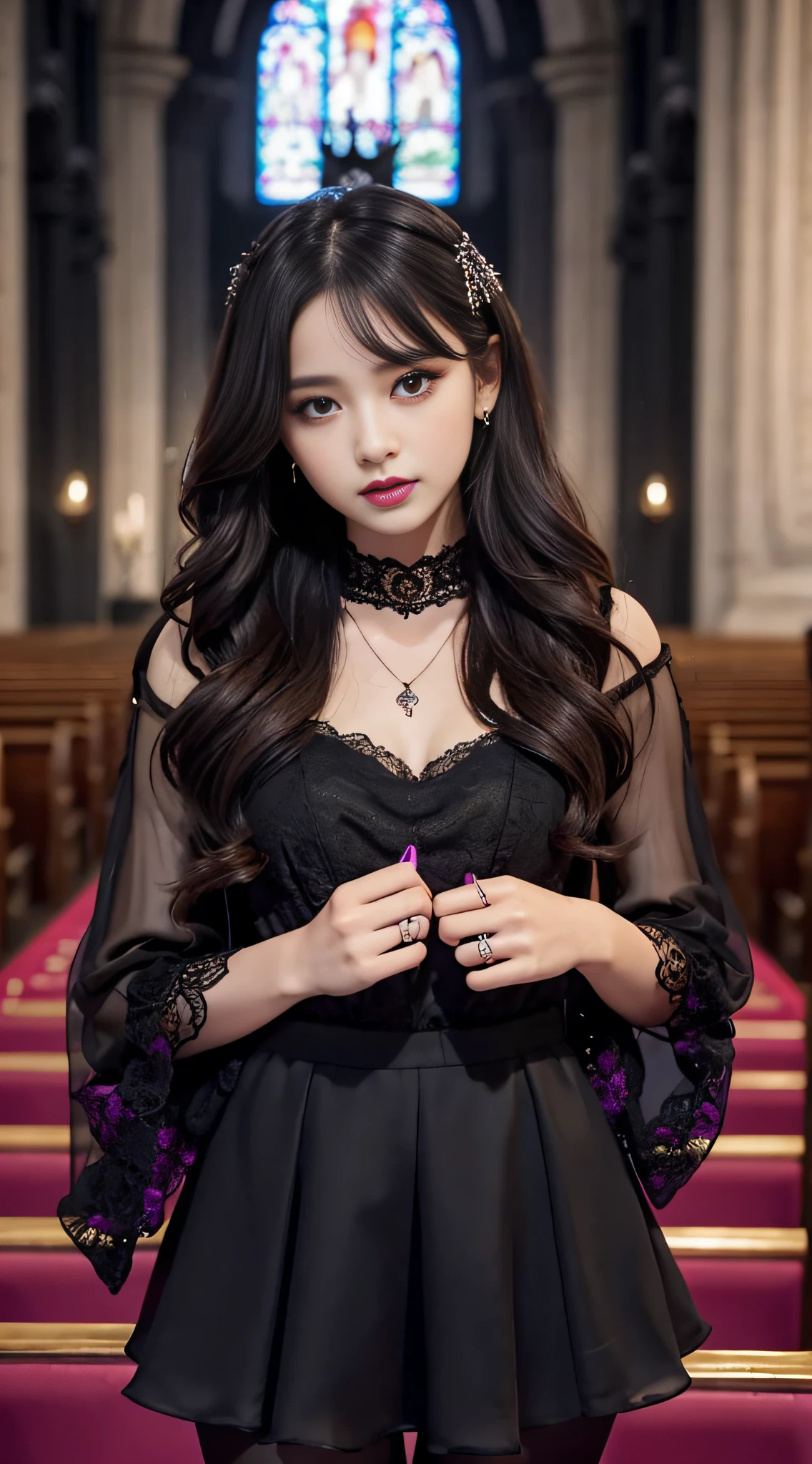 LTRA Details、Fascinating beauty、Dainty woman、Cool Girl、Wavy Hair、Black chiffon dress、Wide sleeves、flered skirt、Black pantyhose、Evil Female Executive、Evil Fall、brainwash、lacy fabric、Glossy legs、black lipstick、Evil look、Suspicious look、Hollow eyes、wicked、Reaching out、Arms up、In the Church、Palm forward、Purple Lipstick、Pendants