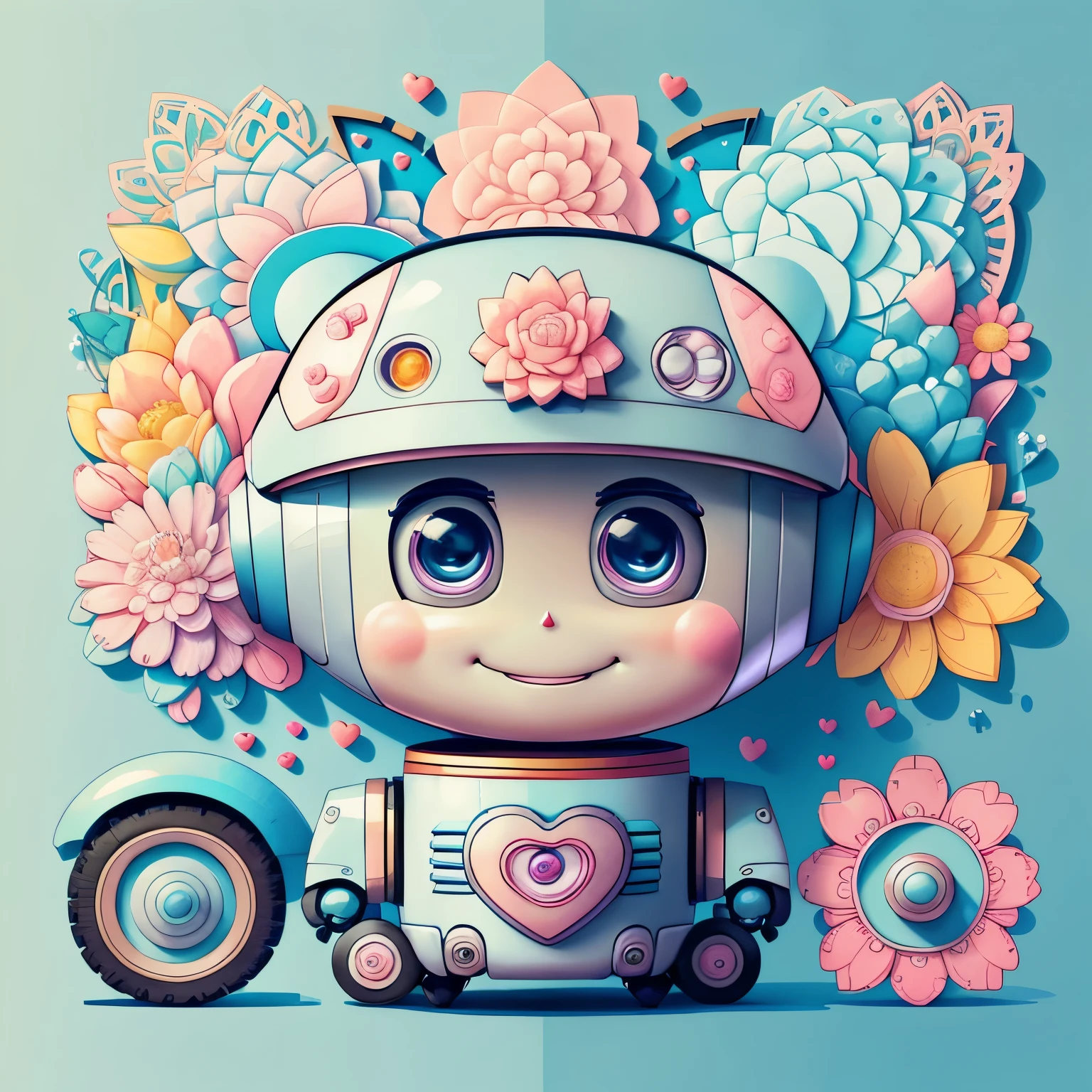 (cute robot smiling with wheels and hearts, flowers) Munchkin ,Geometric multidimensional wall portrait, livro de arte, Tchibi,
Yang08k, Beautiful, Colouring,
Obras, of the highest quality, best quality, Arte Oficial, Beautiful and Aesthetic,