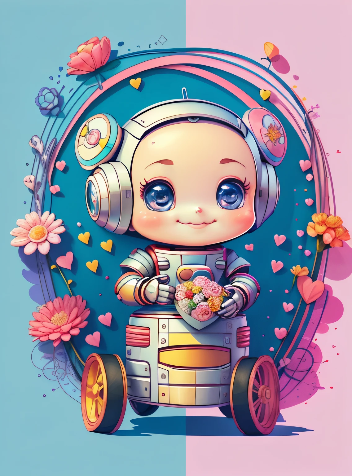 (cute robot smiling with wheels and hearts, flowers) Munchkin ,Geometric multidimensional wall portrait, livro de arte, Tchibi,
Yang08k, Beautiful, Colouring,
Obras, of the highest quality, best quality, Arte Oficial, Beautiful and Aesthetic,