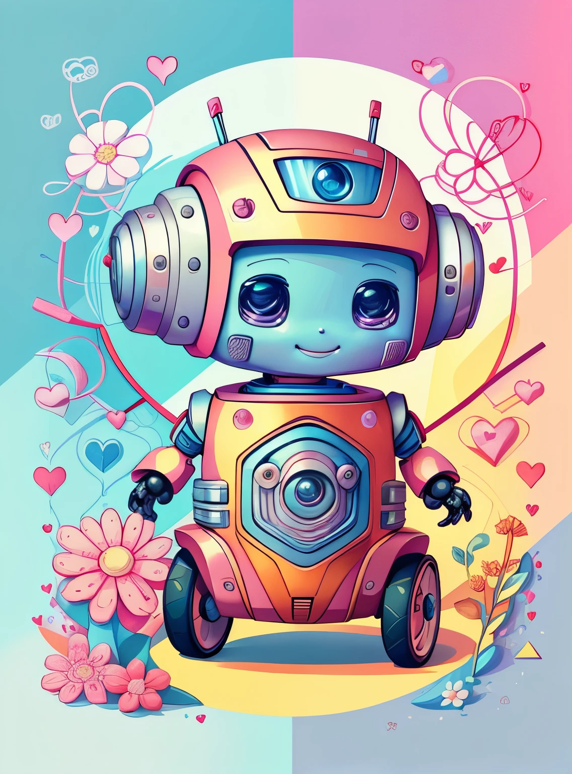 (cute baby robot smiling with wheels and hearts, flowers) Munchkin ,Geometric multidimensional wall portrait, livro de arte, Tchibi,
Yang08k, Beautiful, Colouring,
Obras, of the highest quality, best quality, Arte Oficial, Beautiful and Aesthetic,