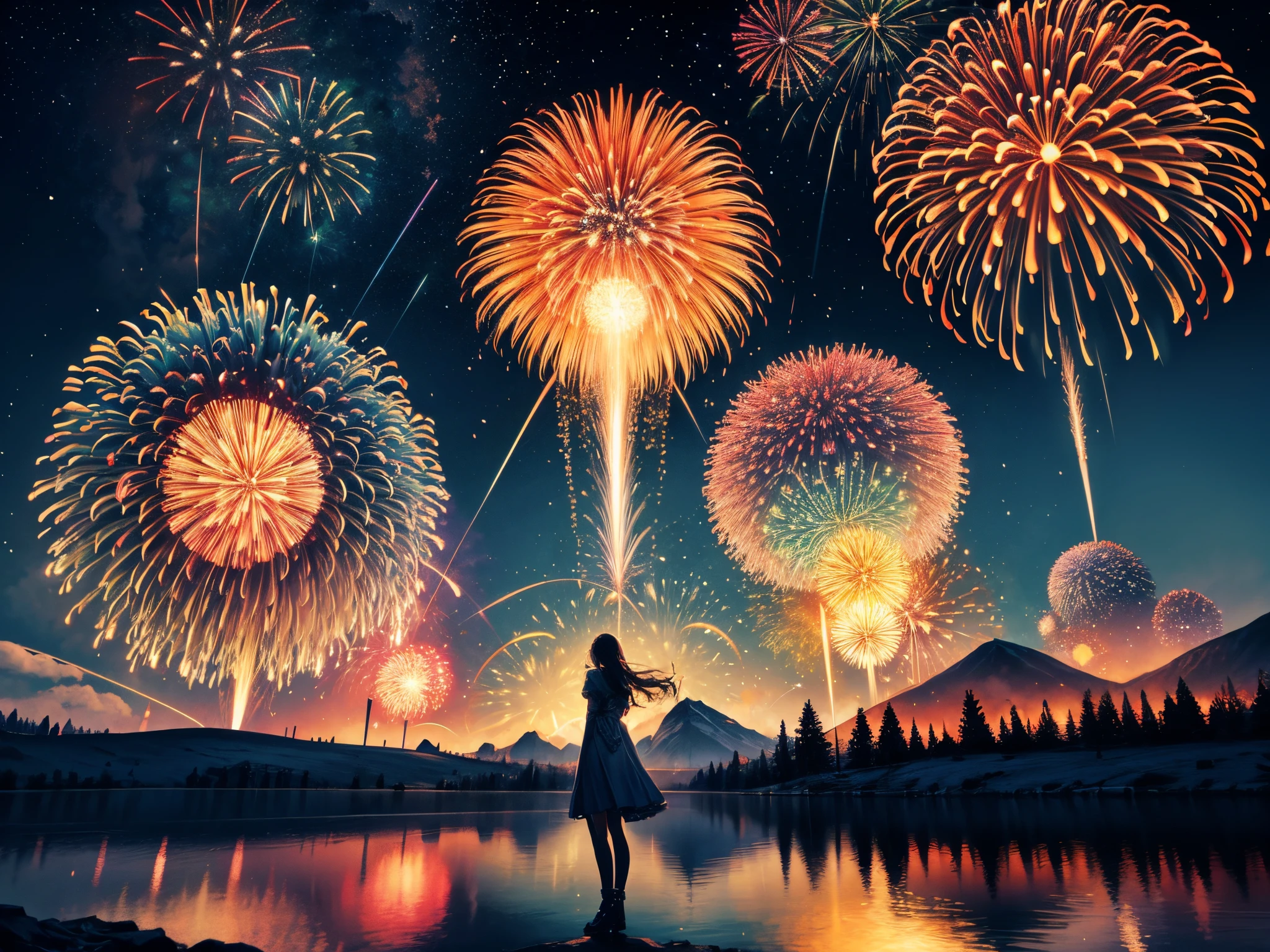 Create a panorama of fractal landscapes unfolding with each burst of 3D fireworks, symbolizing the endless possibilities that await in the upcoming year.