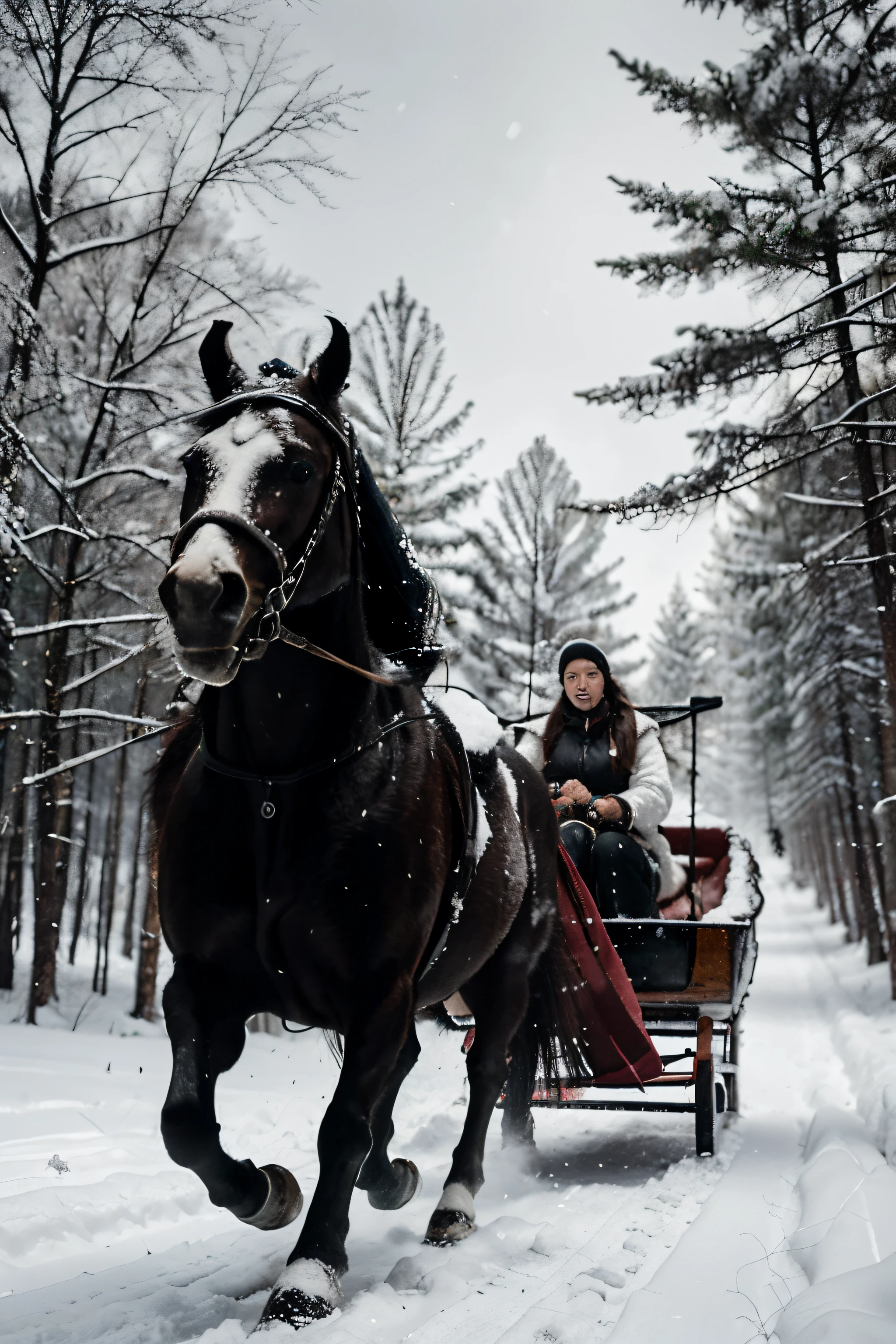 horses pulling a sleigh through a snowy forest with a dog, a black and white photo by Gusztáv Kelety, shutterstock contest winner, fine art, galloping through the forest, andrey gordeev, award - winning photo. ”, alexi zaitsev, black-and-white photography, black - and - white photography, ukraine. photography