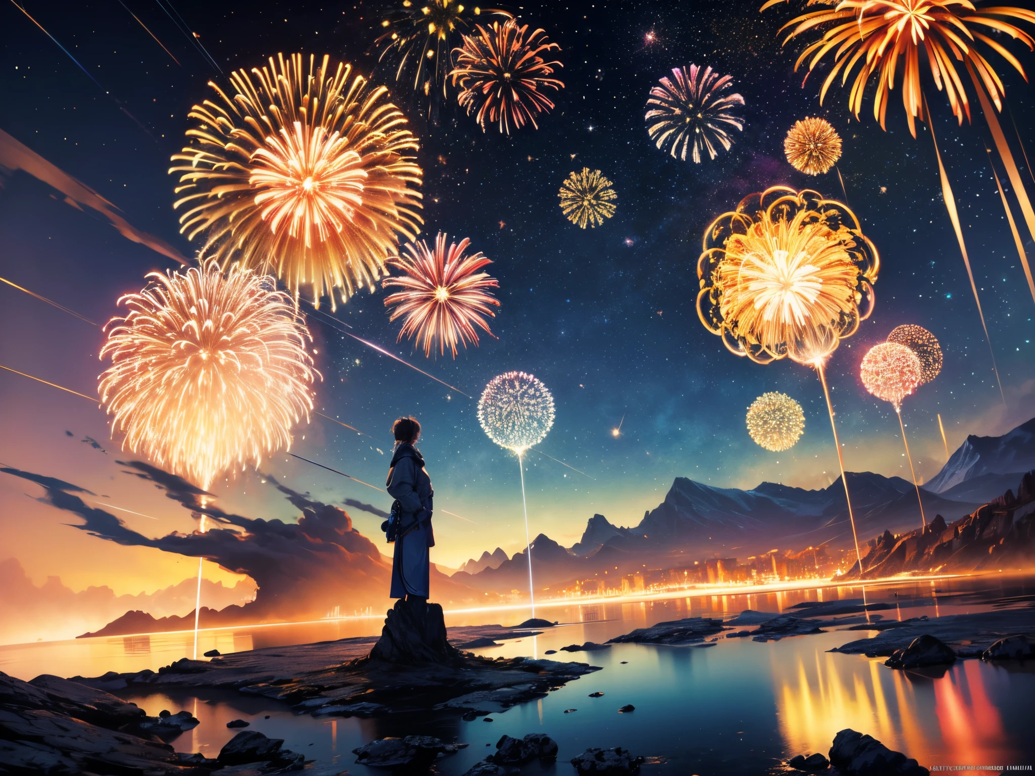 Create a panorama of fractal landscapes unfolding with each burst of 3D fireworks, symbolizing the endless possibilities that await in the upcoming year.