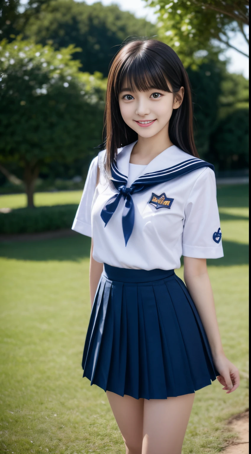 Close up of woman posing for photo,  japanese model model, -yeld fee model,  4K、bangss、A dark-haired、bobhair、Middle hair、Straight hair、(white  shirt, Sailor School Uniform, Dark blue pleated skirt:1.2),　(Super cute face in idol style:1.4)、full body Esbian:1.3, slim and beautiful figure、beutiful breast、A smile、full body Esbian:1.5、The background is an empty park、Beautiful legs、white sock、White sneakers、(Standing and dancing:1.２),