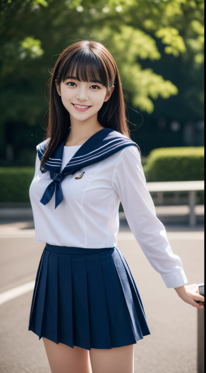 Close up of woman posing for photo,  japanese model model, -yeld fee model,  4K、bangss、A dark-haired、bobhair、Middle hair、Straight hair、(white  shirt, Sailor School Uniform, Dark blue pleated skirt:1.2),　(Super cute face in idol style:1.4)、full body Esbian:1.3, slim and beautiful figure、beutiful breast、A smile、full body Esbian:1.5、The background is an empty park、Beautiful legs、white sock、White sneakers、(Standing and dancing:1.２),