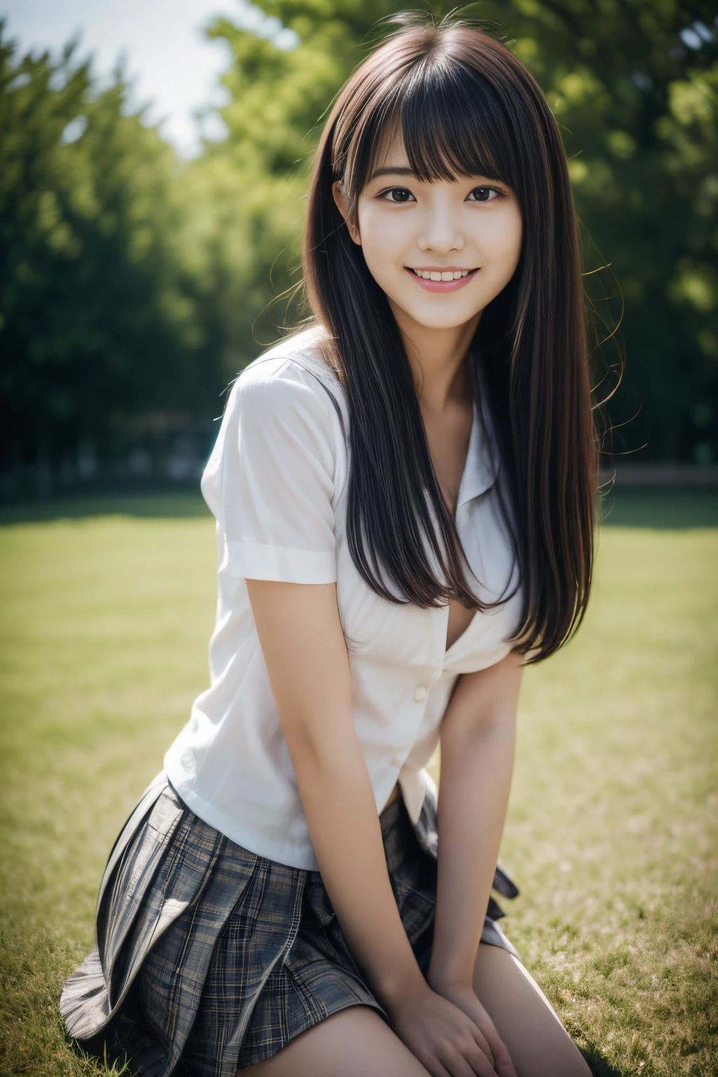 Close up of woman posing for photo,  japanese model model, -yeld fee model,  4K、bangss、A dark-haired、bobhair、Middle hair、Straight hair、(student clothes、Plaid pleated skirt:1.2),　(Super cute face in idol style:1.2)、slim and beautiful figure、beutiful breast、A smile、full body Esbian:1.5、The background is an empty park、Beautiful legs、sexy  pose、Erotic Poses、The girl is in heat with sexual desire:1.5, Provocation、