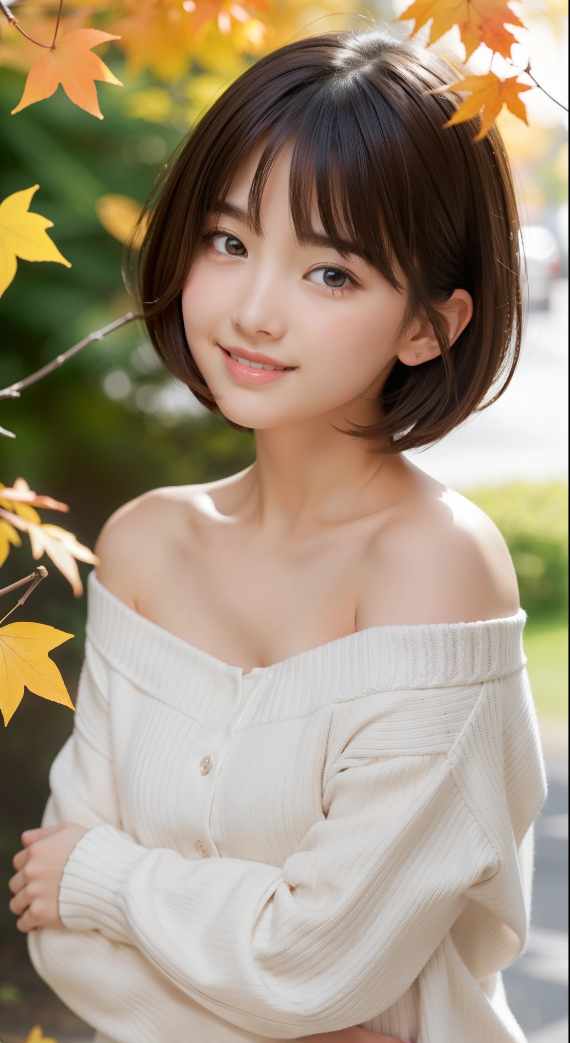 masutepiece, Best Quality, Illustration, Ultra-detailed, finely detail, hight resolution, 8K Wallpaper, Perfect dynamic composition、12 year old pretty girl、Sweet girl、hposing Gravure Idol、A detailed face、Super detailed cute eyes、Realistic lips、Realistic and clean skin、Smile of embarrassment、Wavy brown short-cut hair、tiny chest、Bold sexy poses、Sweater with one shoulder exposed、Ginkgo in autumn leaves、