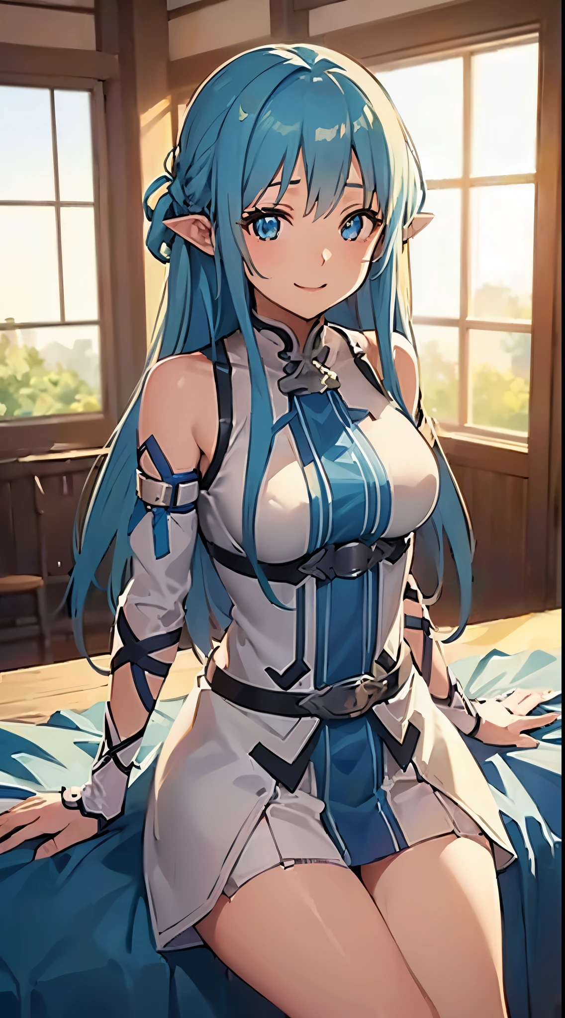 Asuna, bikini, nsfw, top-quality、Top image quality, spread leg、​masterpiece、girl with((、,White underwear、Best Bust、Bust 85、a blond、disheveled semi-long、Blue eyes、open chest wide、Valley、Happiness、A slender、girl、Smile face)）hiquality、Beautiful Art、Background with((A room with beautiful sunlight))、masutepiece、Elaborate design、visualart