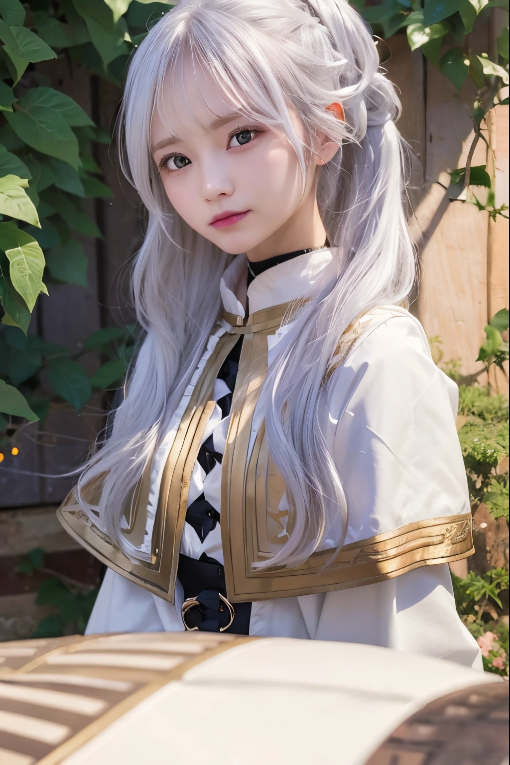 One girl, is frieren, white robe, long hair, hair tied in two, white hair, realistic, ultra detailed, 70mm lens.