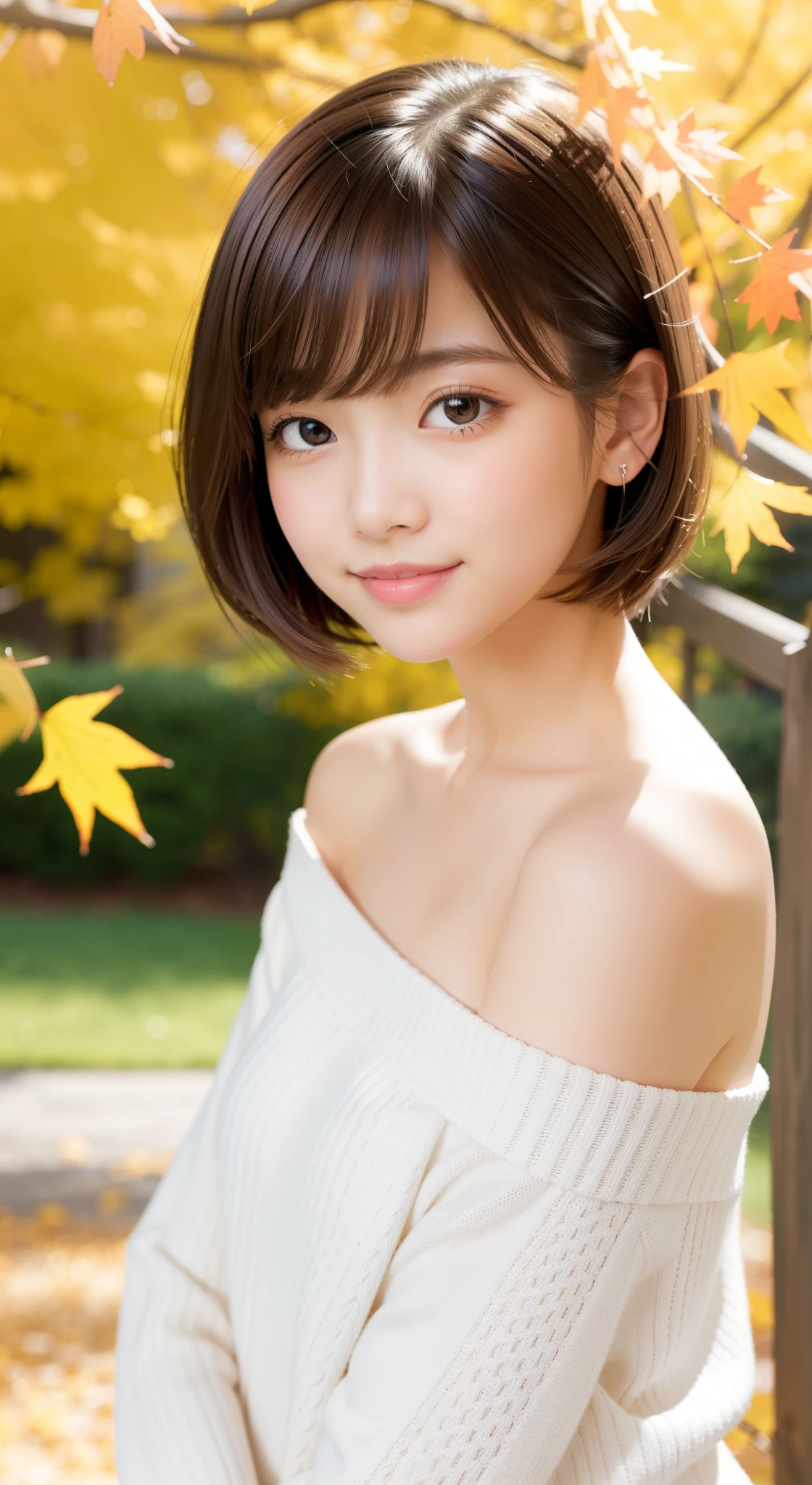 masutepiece, Best Quality, Illustration, Ultra-detailed, finely detail, hight resolution, 8K Wallpaper, Perfect dynamic composition、12 year old pretty girl、Sweet girl、hposing Gravure Idol、A detailed face、Super detailed cute eyes、Realistic lips、Realistic and clean skin、Smile of embarrassment、Wavy brown short-cut hair、tiny chest、Bold sexy poses、Sweater with one shoulder exposed、Ginkgo in autumn leaves、