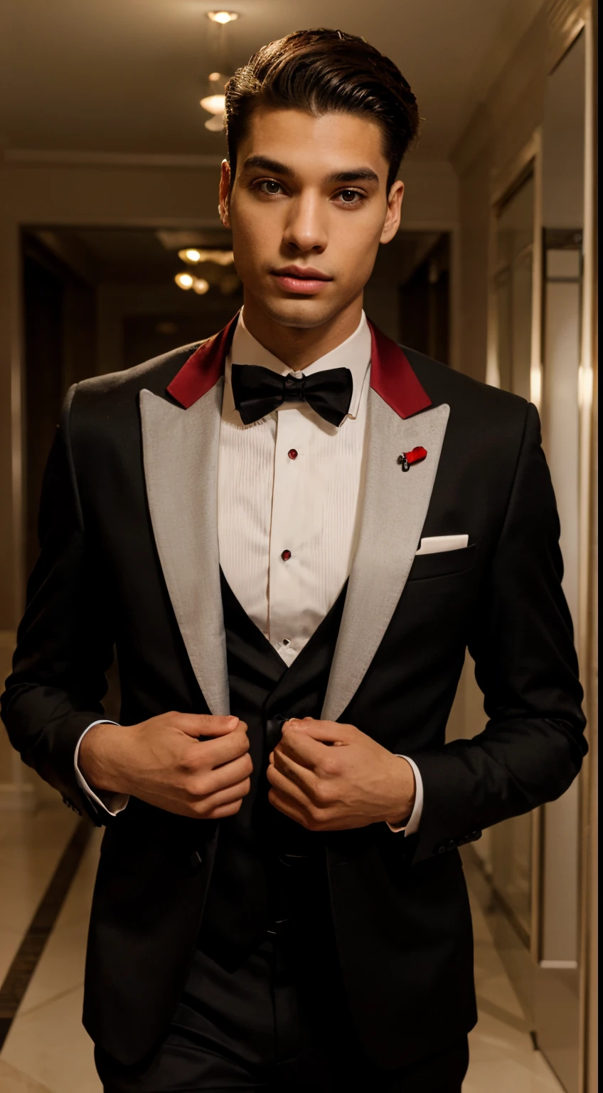 tall 25 year old boy, light skinned man wearing an elegant black and red suit with hands posing realistic design