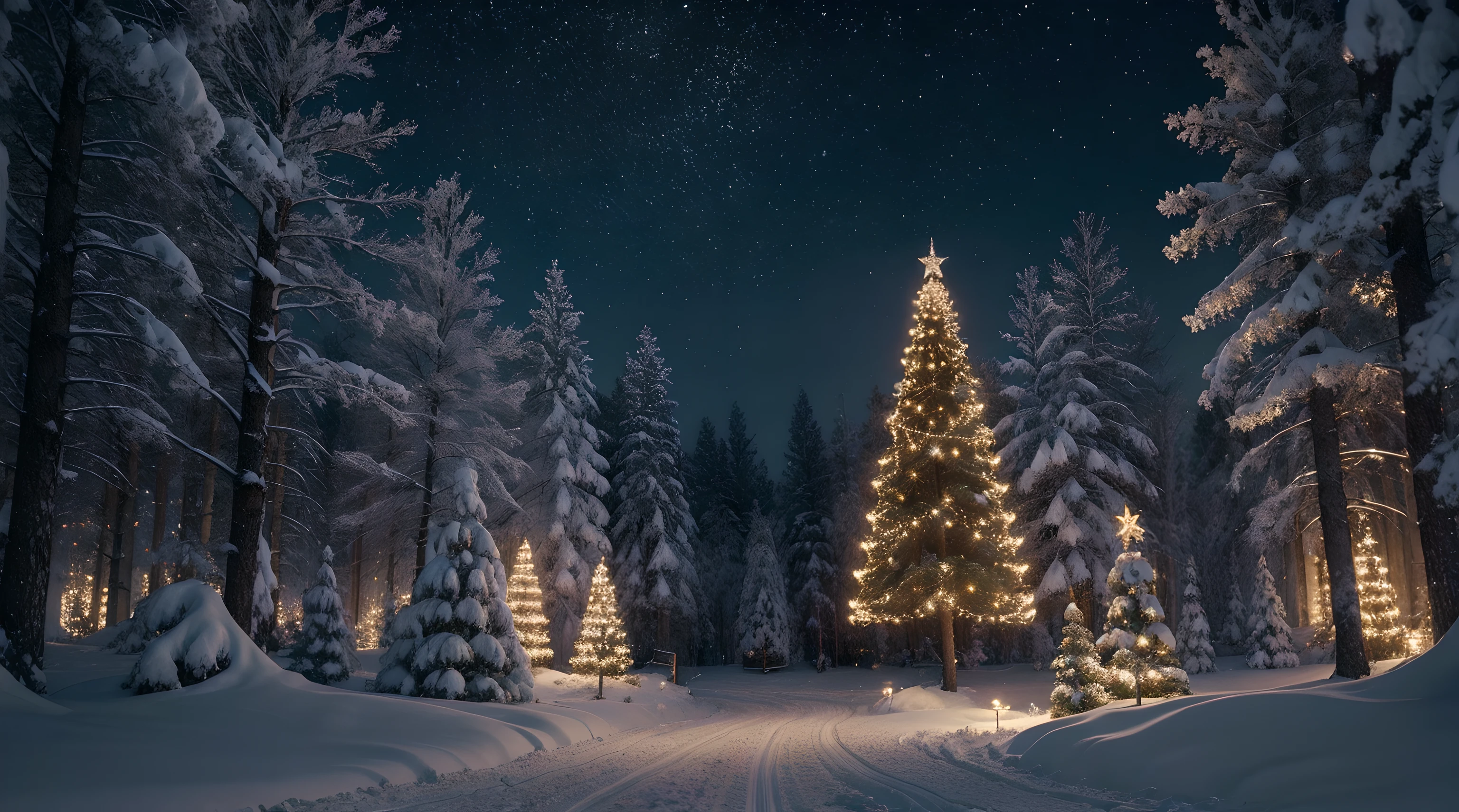 (8k, top quality, masterpiece: 1.4), ultra detail, super resolution, a stunning digital illustration of a winter wonderland with lights, ornaments, pine trees, magnificent glow, glowing lights, light particles, magic glow, vintage aesthetic, professional artwork, cheery atmosphere