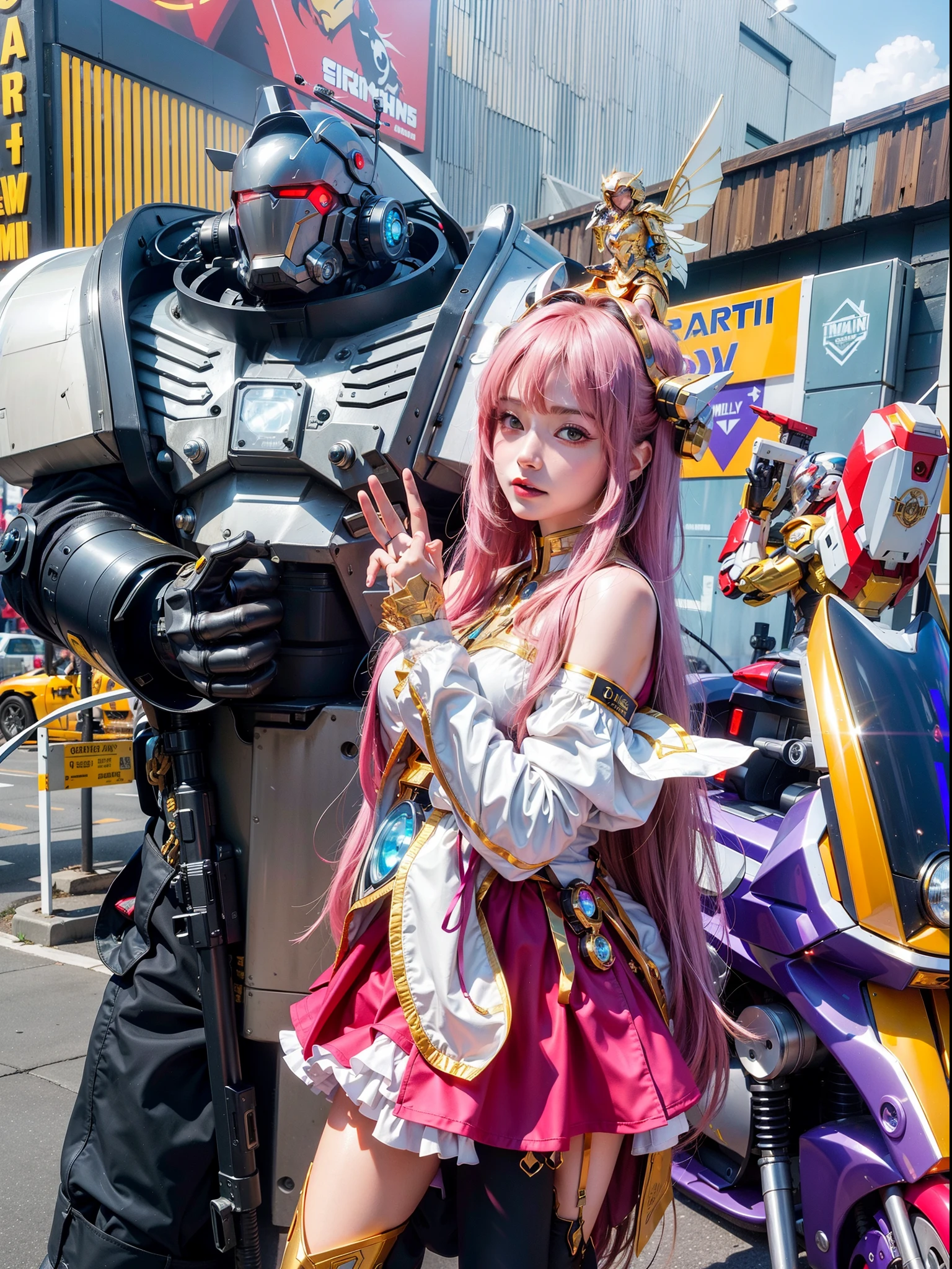 Best quality,golden jewelery,Fairy skin,(Fidelity :1.2),Eternal,ultra - detailed,actual,high high quality,movie light lighting,Ray traching,hyper HD,Upper part of the body, Future Iron Man mecha,Cinema lenses,tank battery,Launching equipment,Large-caliber artillery,ross tran 8 k,mechatankcyberarmoredchariotgirl,Wearing a cyberpunk stamina helmet,Wearing a glowing space helmet,High-tech motorcycle helmet,There is a breathing light on the body,The armor of the future shines,armed cannon,in mecha style