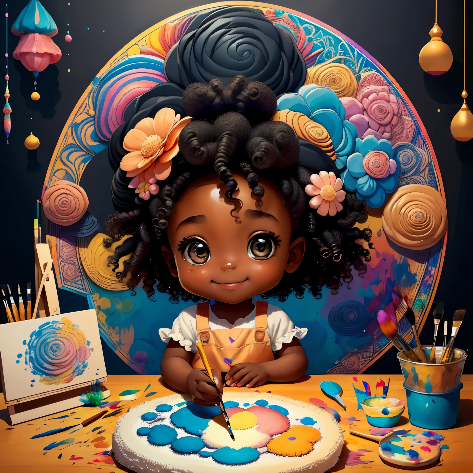 (cute black baby girl with curly hair smiling with a paintbrush painting a beautiful flower), Munchkin   ,Geometric multidimensional wall portrait, livro de arte, Tchibi,
Yang08k, Beautiful, Colouring,
Obras, of the highest quality, best quality, Arte Oficial, Beautiful and Aesthetic,