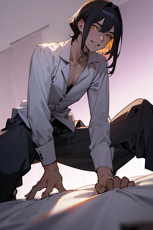 1 Boy, solo, dark hair, (white shirt), black slacks, on sheets, Long Sleeve Shirts, kneeling, seiza, cool, (sexy:1.3), Fascinating, (evil smile),(parted lips),collarbone, (shoot from below), (from below:2), sunset,(open collar), tsurime, Yellow eyes, (background: on bed in bedroom), high quality, high resolution, masterpiece,