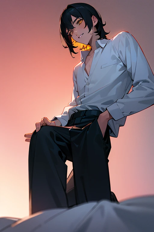 1 Boy, solo, dark hair, (white shirt), black slacks, on sheets, Long Sleeve Shirts, kneeling, seiza, cool, (sexy:1.3), Fascinating, (evil smile),(parted lips),collarbone, (shoot from below), (from below:2), sunset,(open collar), tsurime, Yellow eyes, (background: on bed in bedroom), high quality, high resolution, masterpiece,