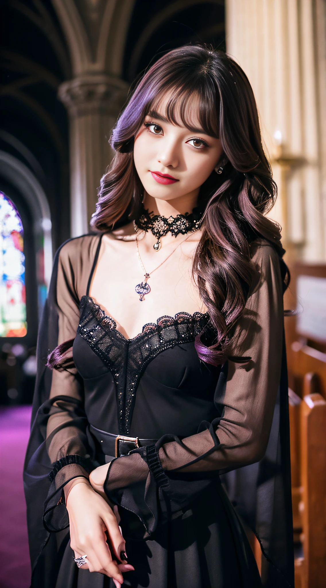LTRA Details、Fascinating beauty、Dainty woman、Cool Girl、Wavy Hair、Black chiffon dress、Wide sleeves、flered skirt、Black pantyhose、Evil Female Executive、Evil Fall、brainwash、lacy fabric、Glossy legs、black lipstick、Evil look、Suspicious look、Hollow eyes、wicked、Reaching out、Arms up、In the Church、Palm forward、Purple Lipstick、Pendants