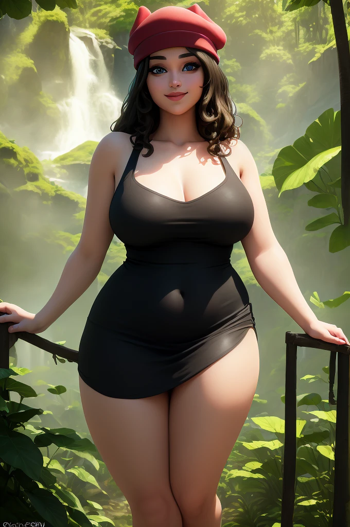 (8k, best quality, masterpiece:1.2), (realistic, photo-realistic:1.37), ultra-detailed, 1 girl,cute, solo, ,beautiful detailed eyes, medium wavy hair, black sundress, thick thighs, standing in a jungle, , smiling, looking at viewer, , light brown hair, black lips, black lipstick, full body view, standing, whole body shot, voluptuous, red hat