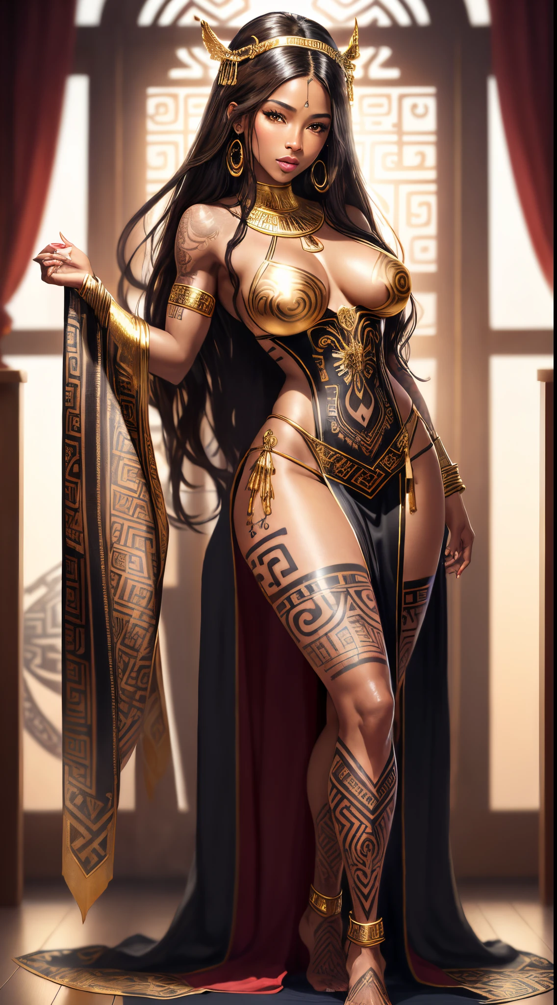 masterpiece ,ultra realistic, photo realism , beautiful black woman , wet lips , brown eyes , long brown hair , loose in the wind , muscular thighs , full body , (( tattoo on the side of the leg , tribal tattoo )) , very detailed skin , sexy position , golden dress , (( golden greek style dress )) , bright , all detailed , landscape in aphrodisiac background , window , dawn , sin , lust , strong illumination , striking , 8k