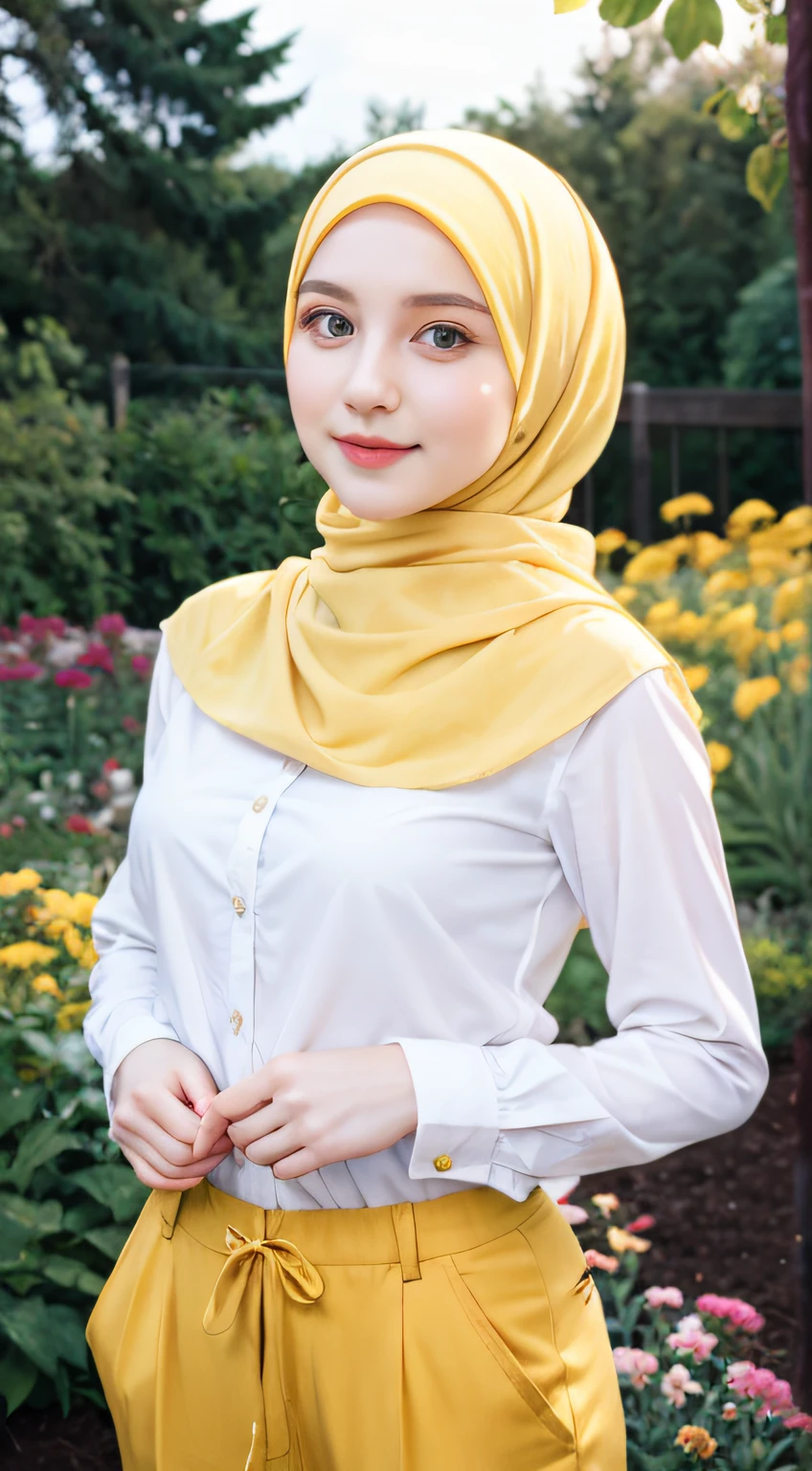 1 Girl, Beautiful, Russian Baby Face, 28 Years Old, White Skin, green Hijab, yellow long shirt, long pants, Big Chest, looking directly at the camera, garden Background, beautiful pose, full body: 1.4))