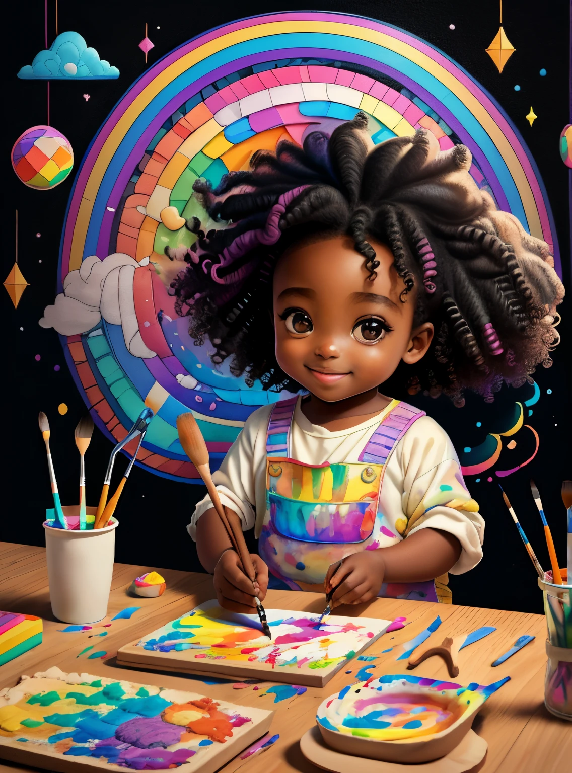 (cute black  girl with curly hair smiling with a paintbrush painting a rainbow), Munchkin   ,Geometric multidimensional wall portrait, livro de arte, Tchibi,
Yang08k, Beautiful, Colouring,
Obras, of the highest quality, best quality, Arte Oficial, Beautiful and Aesthetic,