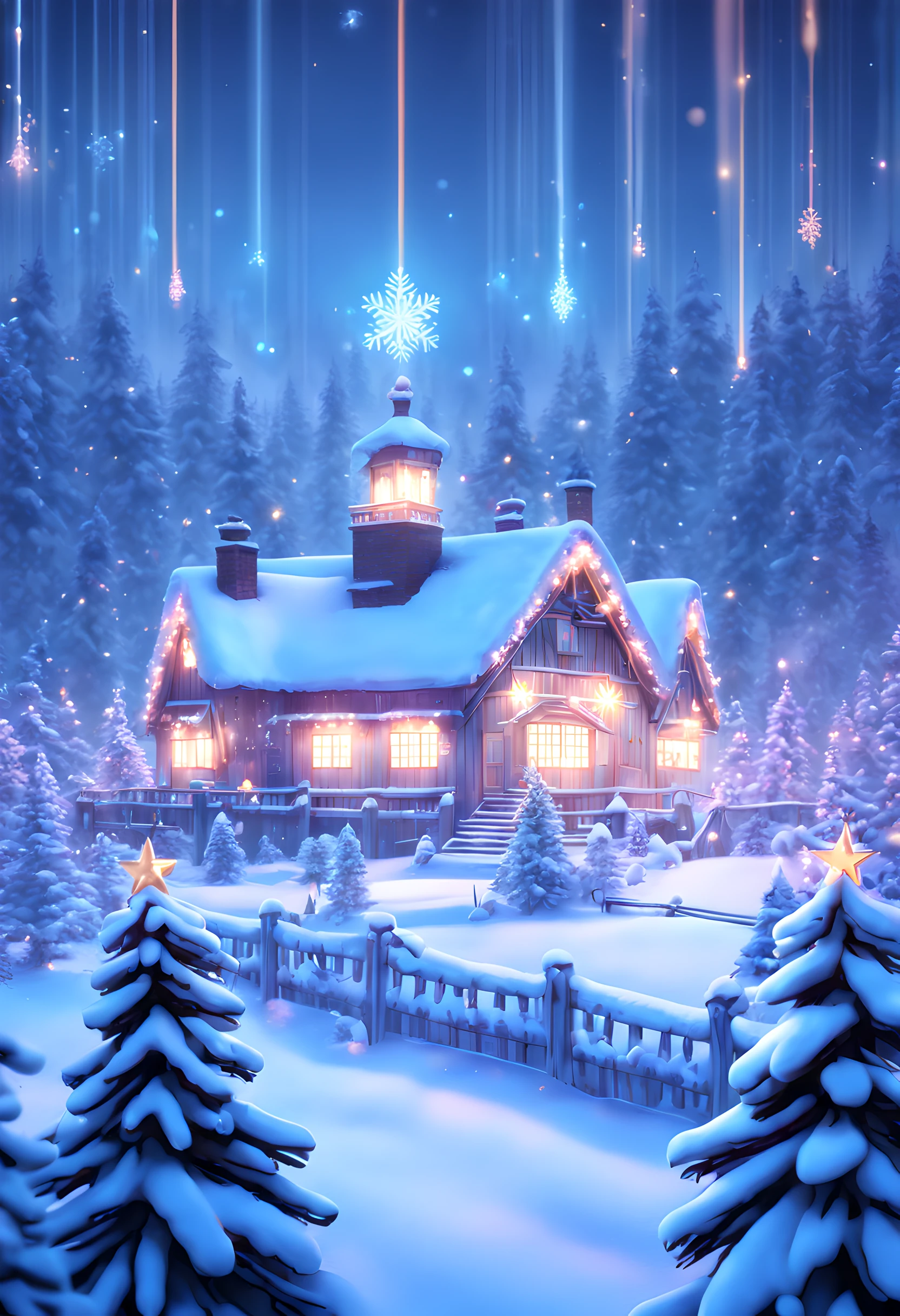 (8k, top quality, masterpiece: 1.4), ultra detail, super resolution, a cute digital illustration of a winter wonderland with lights, ornaments, pine trees, magnificent glow, glowing lights, light particles, magic glow, vintage aesthetic, professional artwork, cheery atmosphere