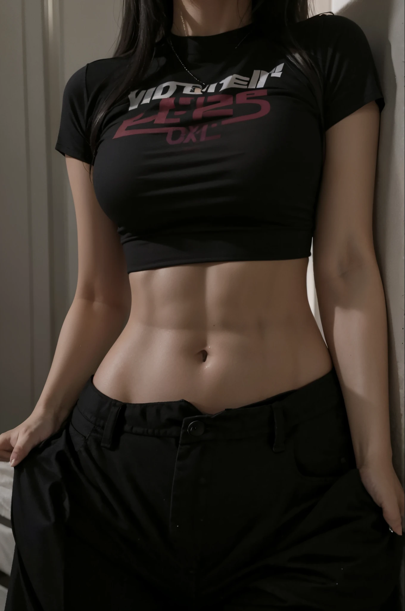 Arafed woman in black shirt and black pants posing for a photo., Foto en forma, 2 4 year old female model, cintura diminuta, vientre expuesto, 18 years old, Recorte de medio cuerpo, her belly button is exposed, tinyest midriff ever, cintura delgada, Hermoso midriff, mitad superior del cuerpo, 1 8 yo