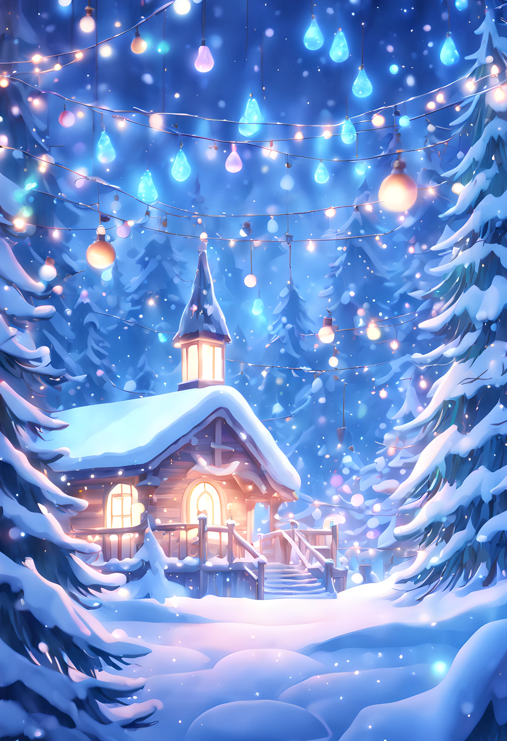 (8k, top quality, masterpiece: 1.4), ultra detail, super resolution, a cute digital illustration of a winter wonderland with lights, ornaments, pine trees, magnificent glow, glowing lights, light particles, magic glow, vintage aesthetic, professional artwork, cheery atmosphere